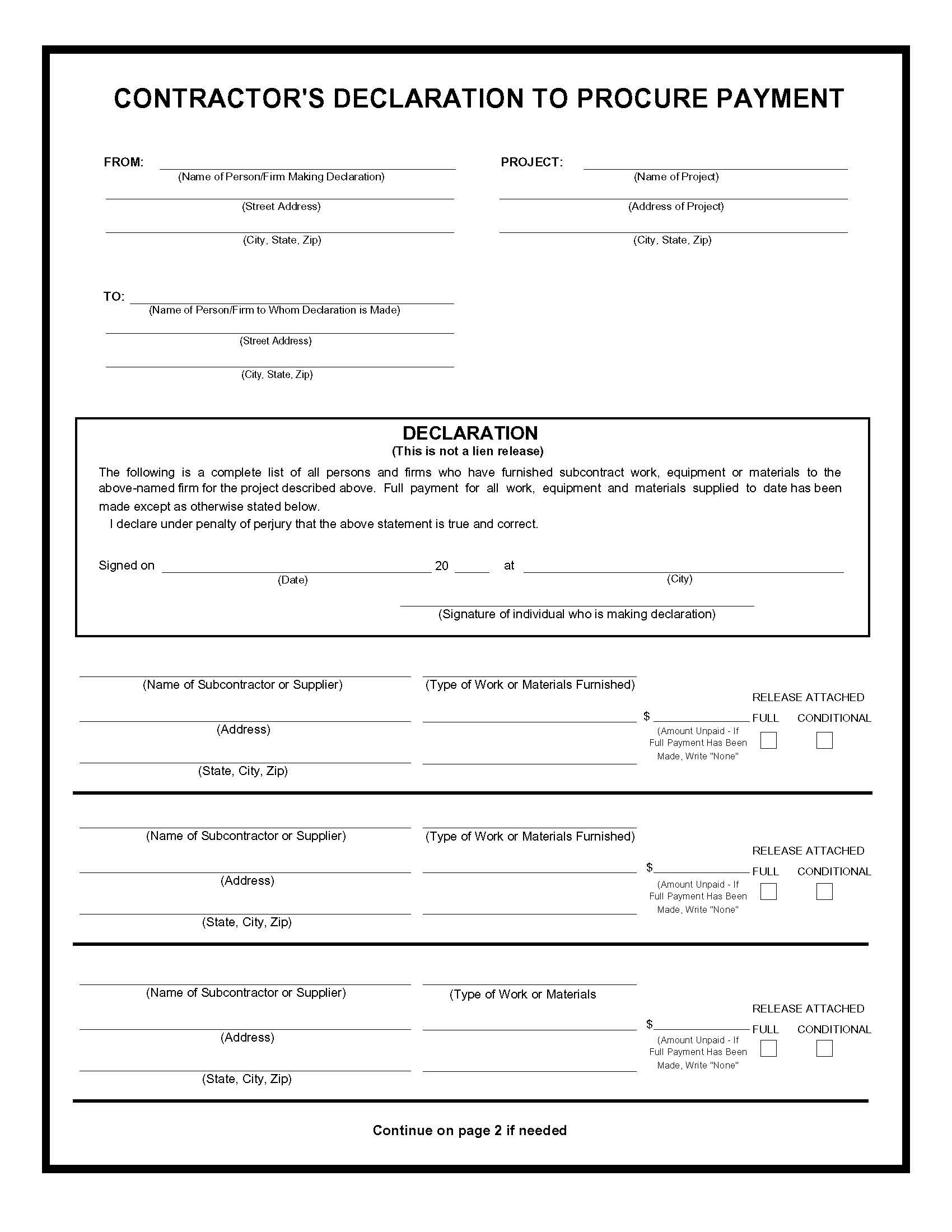 Contractors Declaration To Procure Payment | Pdf Fpdf Doc Docx | Business Forms