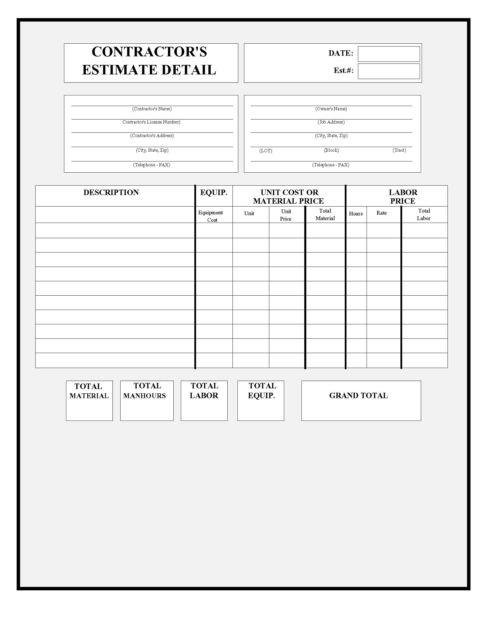 Contractors Estimate Detail | Pdf Fpdf Doc Docx | Business Forms