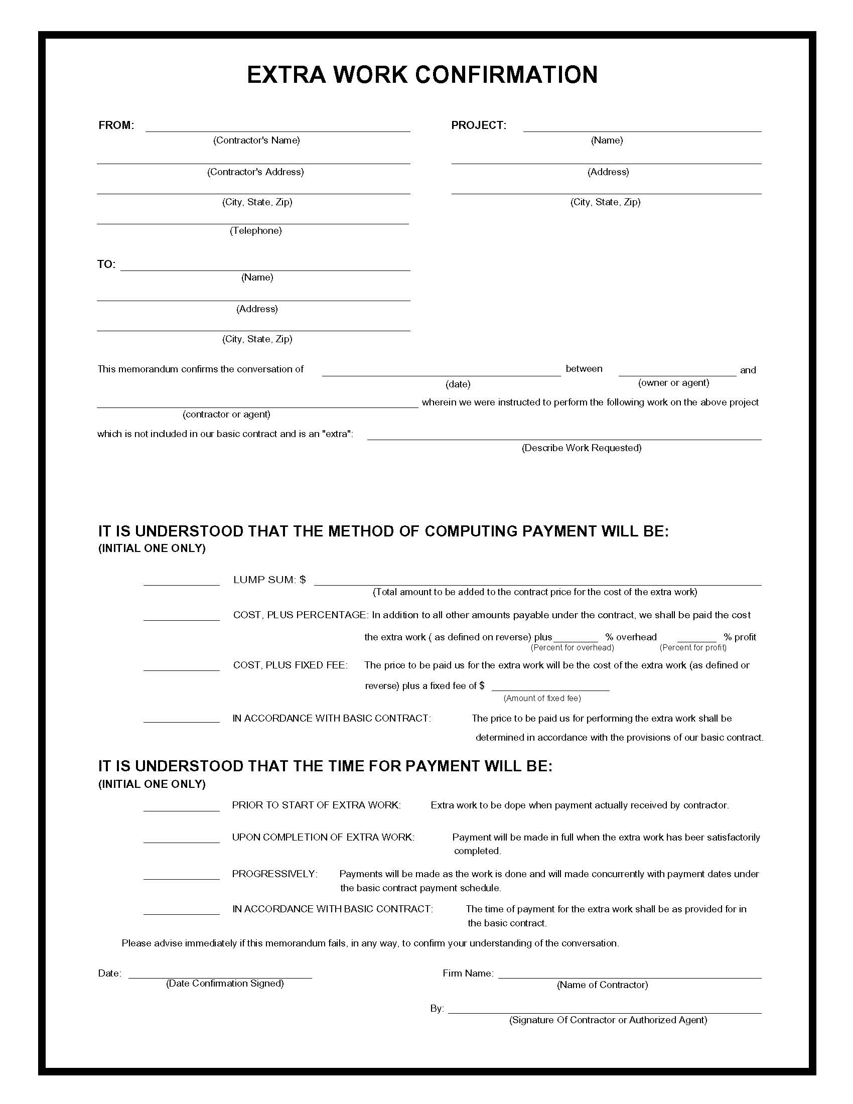 Extra Work Confirmation | Pdf Fpdf Doc Docx | Business Forms