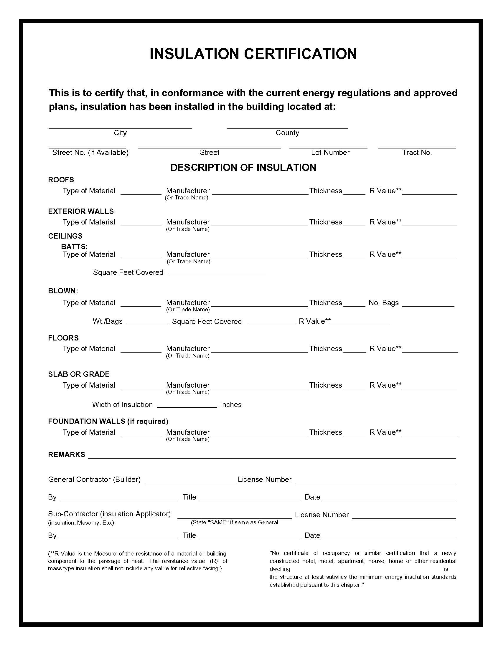 Insulation Certification | Pdf Fpdf Doc Docx | Business Forms