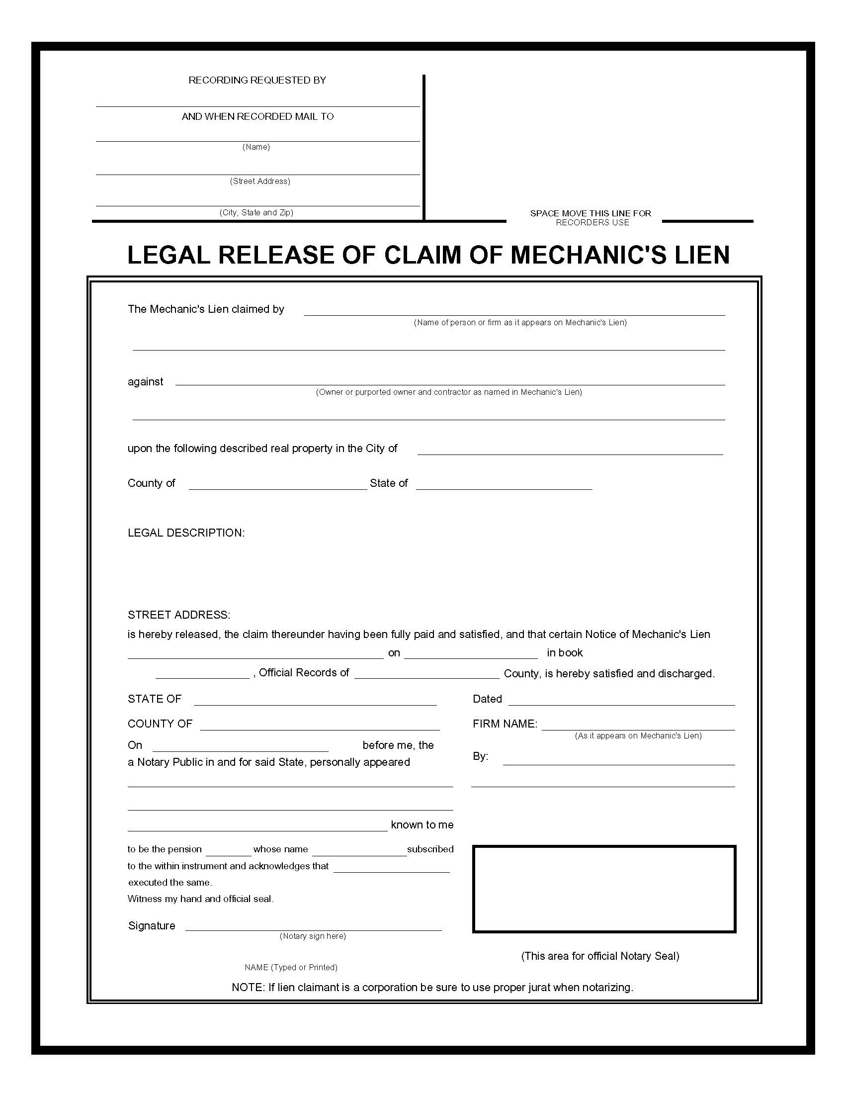 Legal Release Of Claim Of Mechanics Lien | Pdf Fpdf Doc Docx | Business Forms