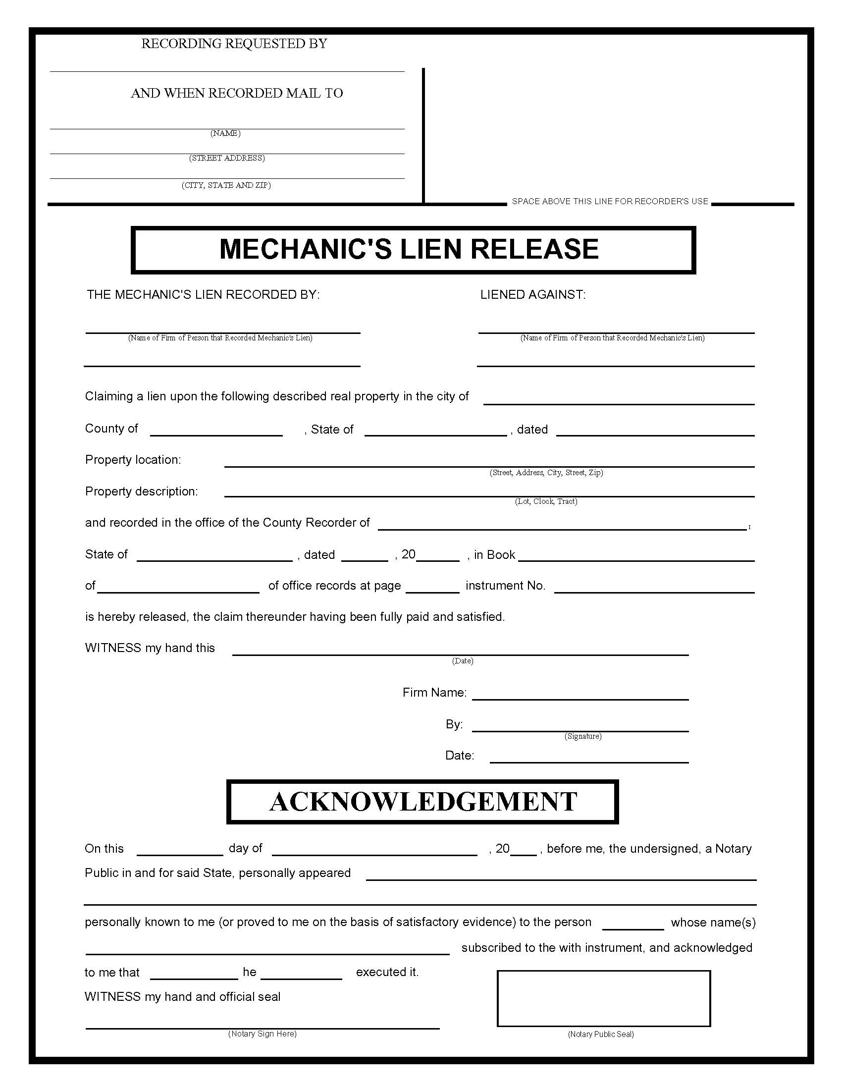 Mechanics Lien Release | Pdf Fpdf Doc Docx | Business Forms