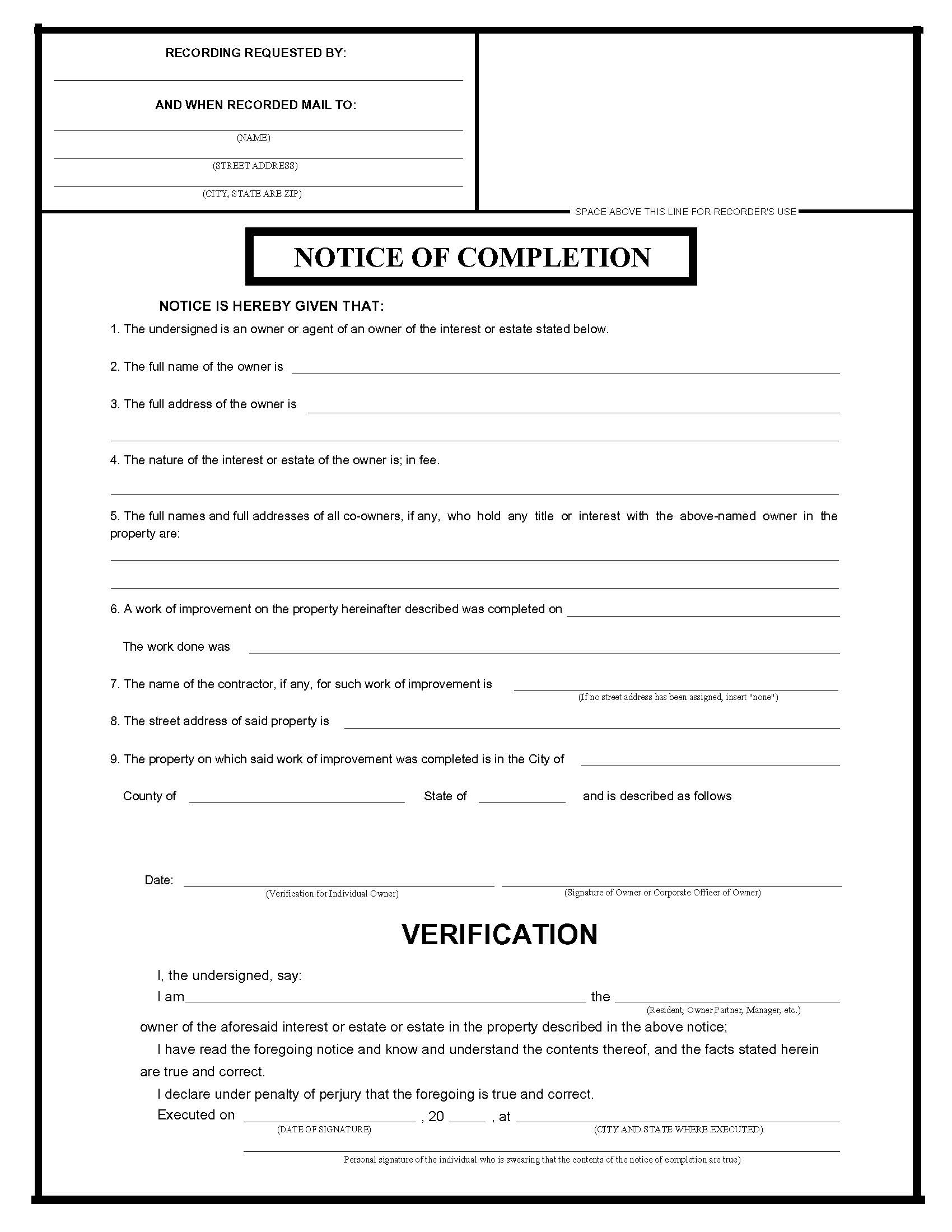 Notice Of Completion 1 | Pdf Fpdf Doc Docx | Business Forms