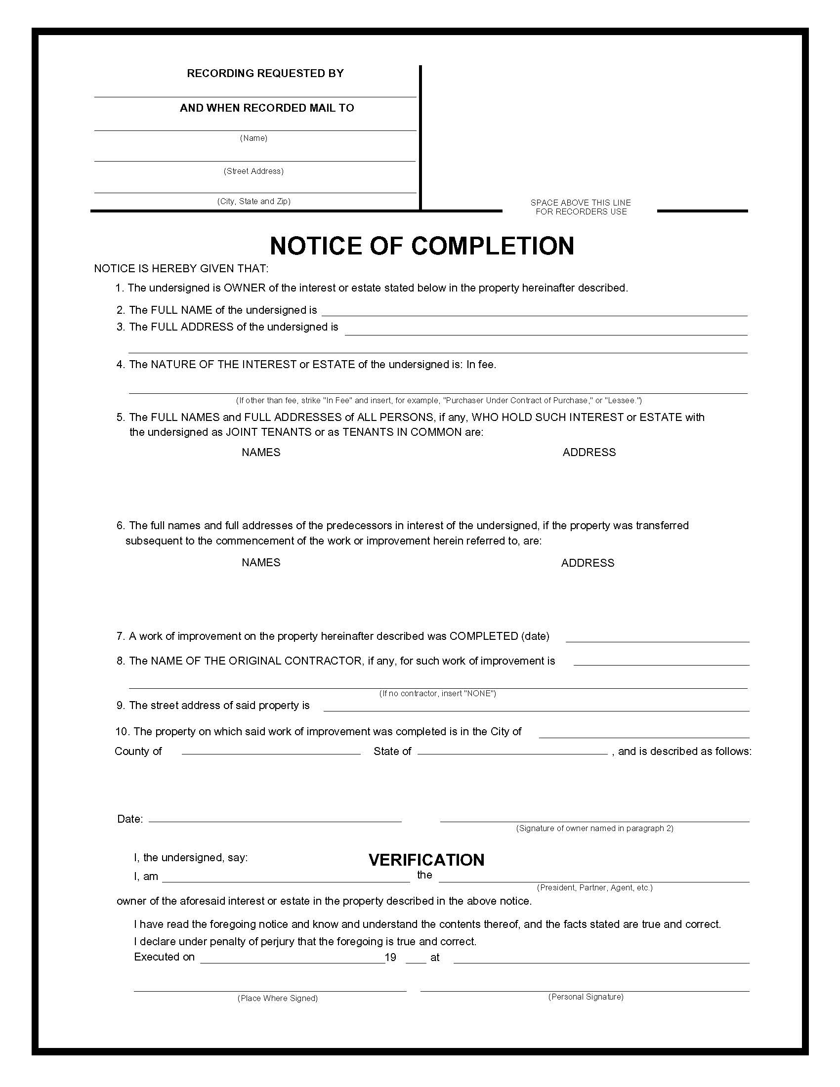 Notice Of Completion 2 | Pdf Fpdf Doc Docx | Business Forms