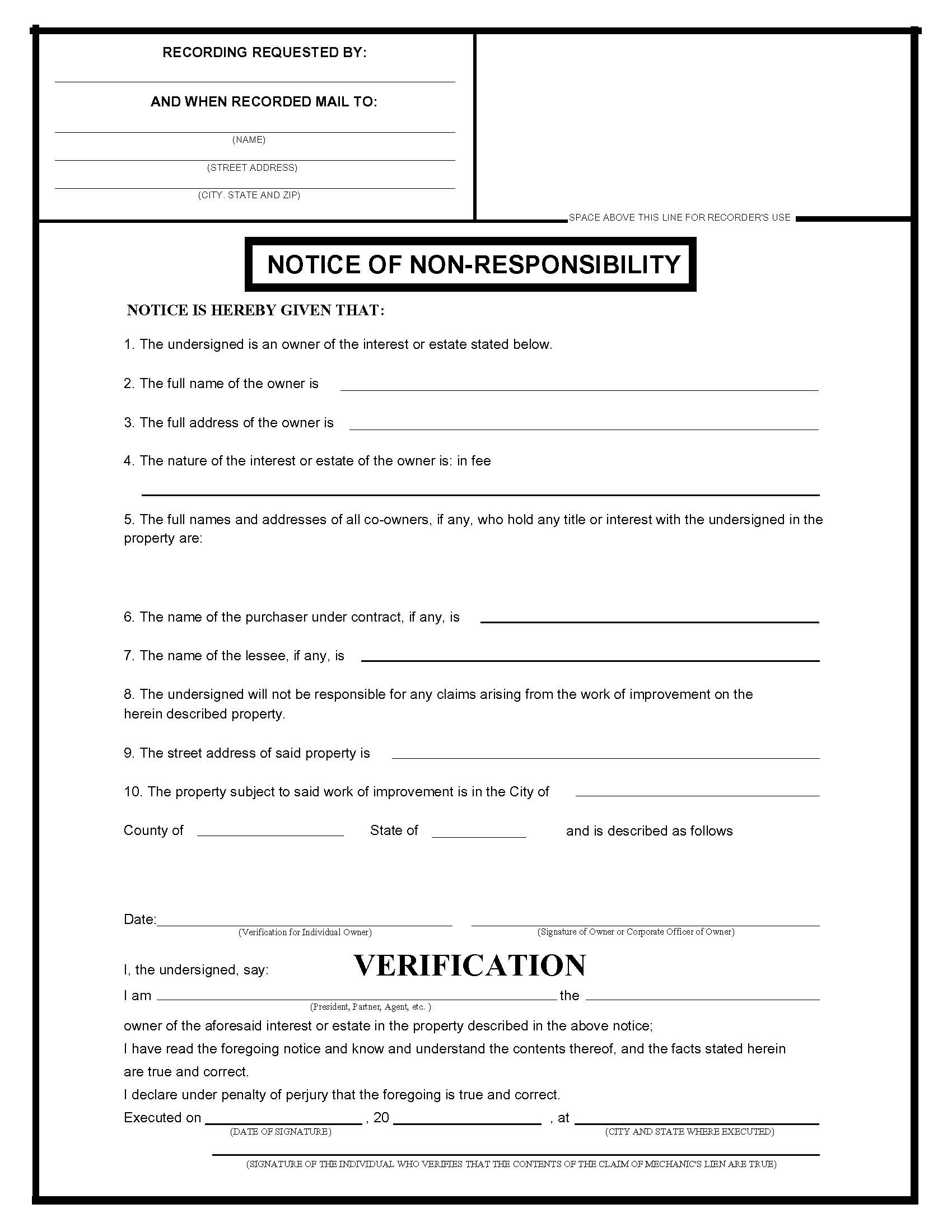 Notice Of Non Responsibilty | Pdf Fpdf Doc Docx | Business Forms