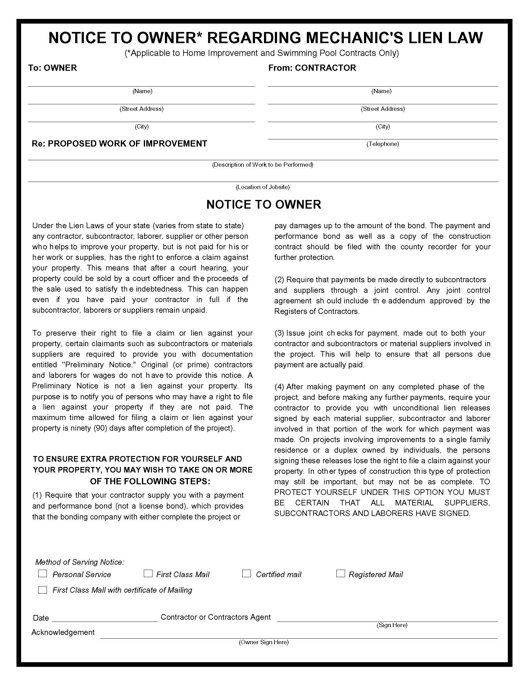 Notice Of Owner Regarding Mechanics Lien Law | Pdf Fpdf Doc Docx | Business Forms