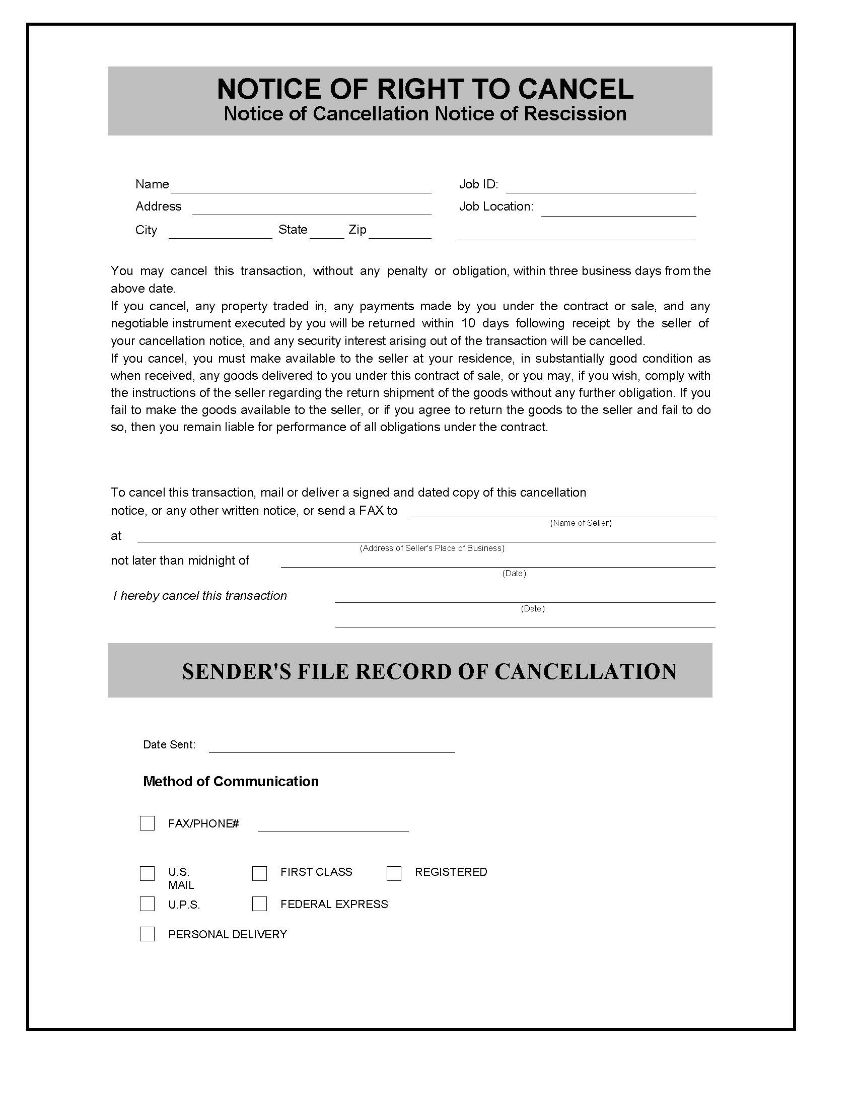 Notice Of Right To Cancel | Pdf Fpdf Doc Docx | Business Forms
