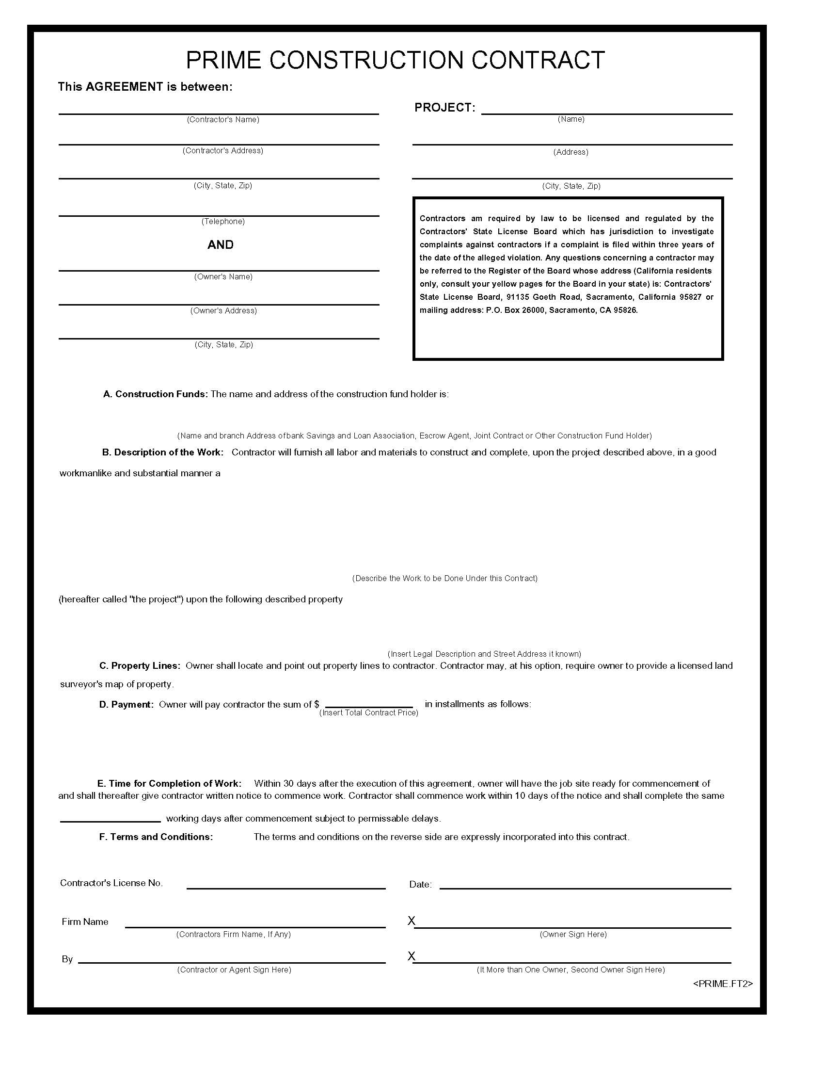 Prime Construction Contract | Pdf Fpdf Doc Docx | Business Forms