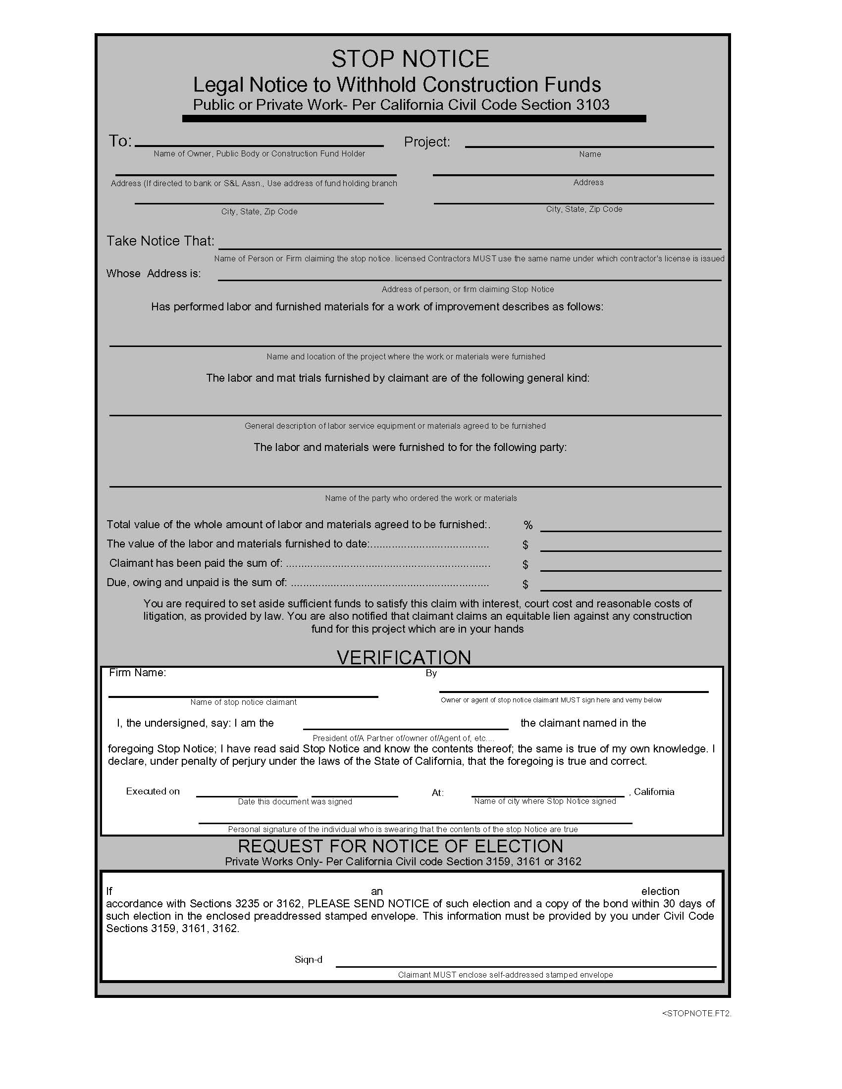 Stop Notice Legal Notice To Withhold Construction Funds | Pdf Fpdf Doc Docx | Business Forms