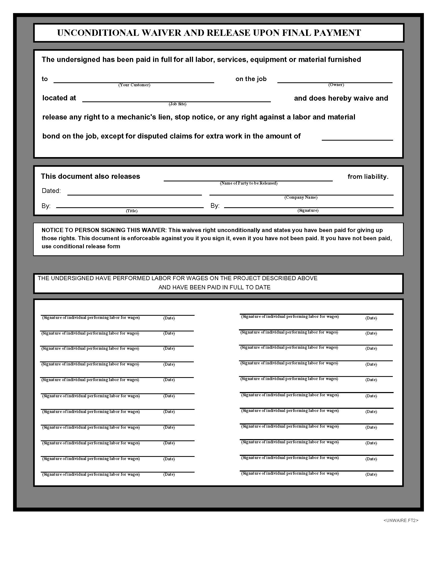Unconditional Waiver And Release Upon Final Payment | Pdf Fpdf Docx | Business Forms
