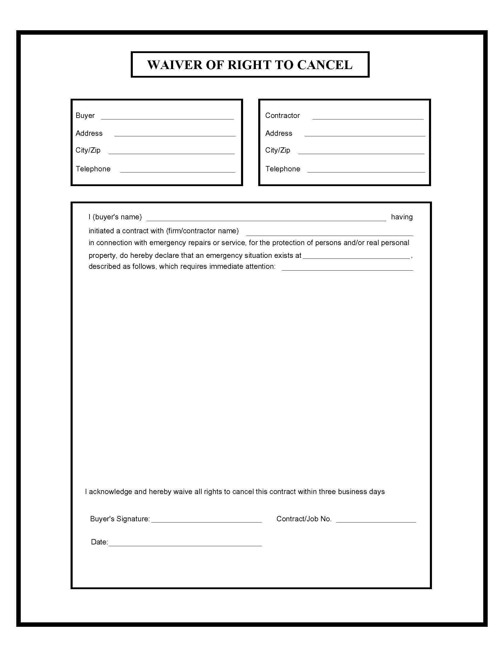 Waiver Of Right To Cancel | Pdf Fpdf Doc Docx | Business Forms