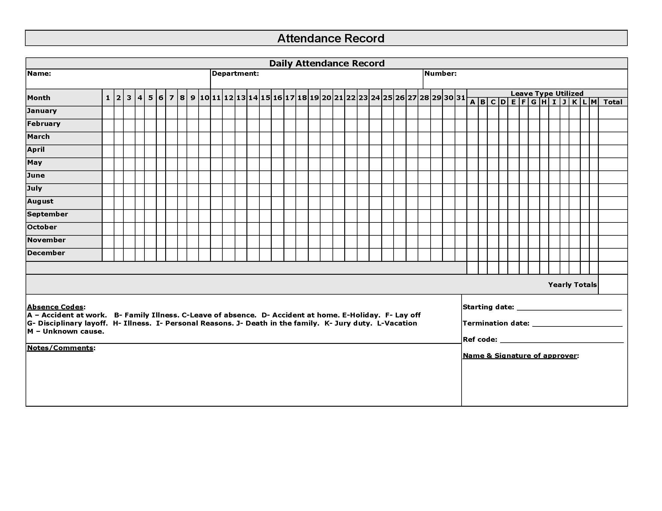 Attendance Record | Pdf Fpdf Doc Docx | Business Forms