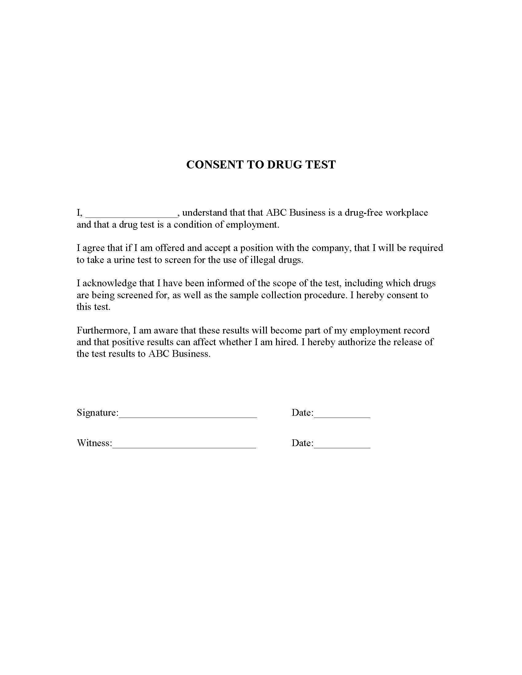 Consent To Drug Test | Pdf Fpdf Doc Docx | Business Forms