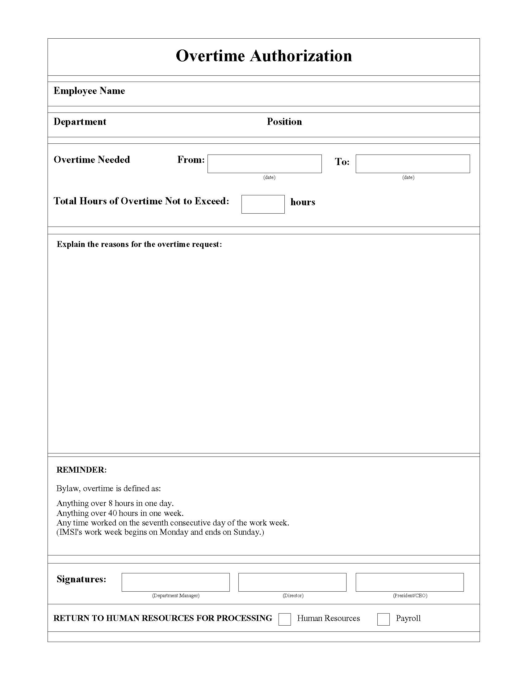 Overtime Authorization | Pdf Fpdf Doc Docx | Business Forms