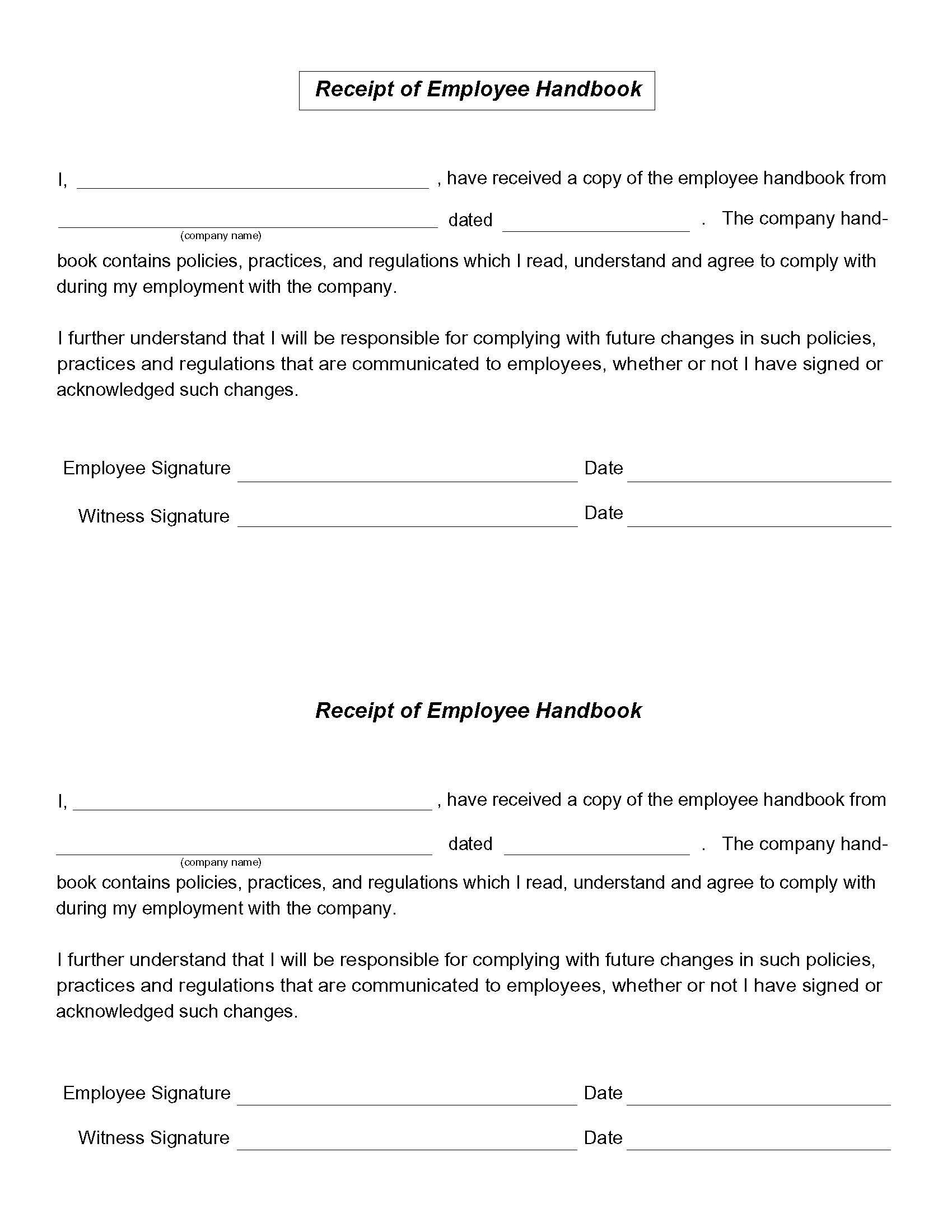 Receipt Of Employee Handbook | Pdf Fpdf Doc Docx | Business Forms
