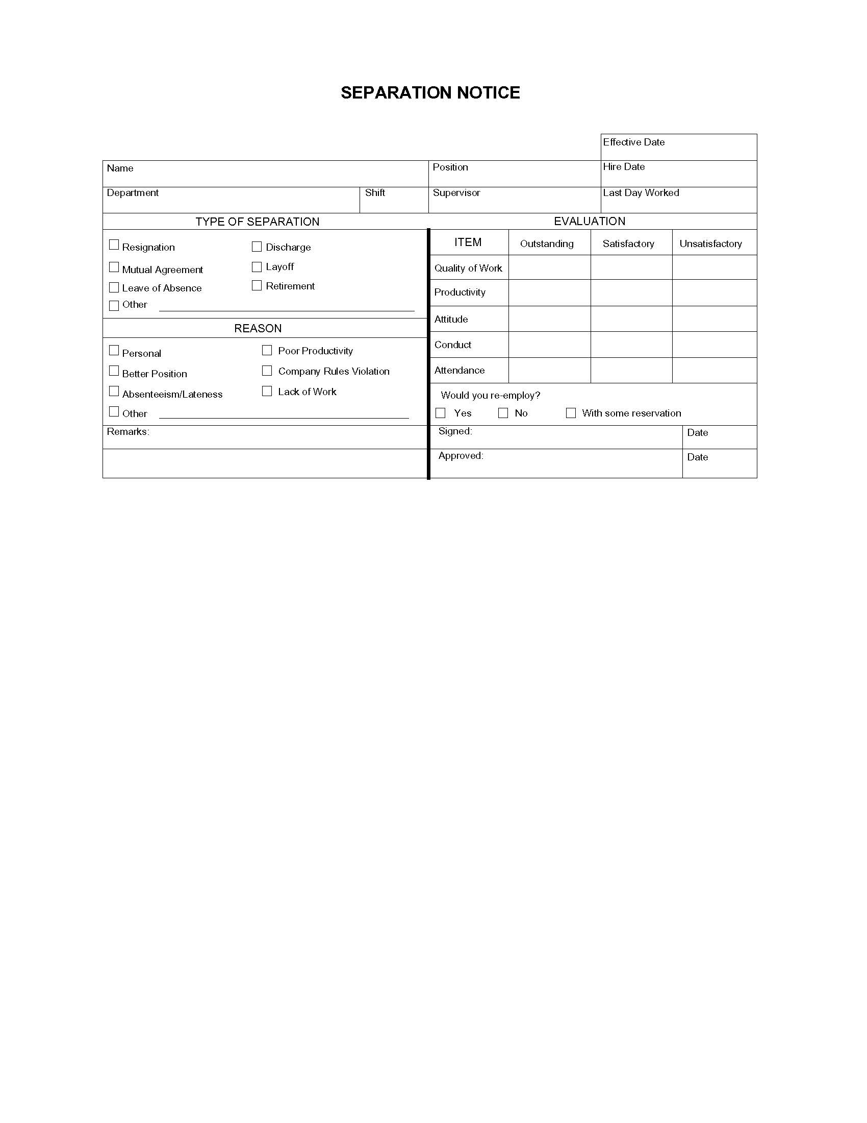 Separation Notice | Pdf Fpdf Doc Docx | Business Forms