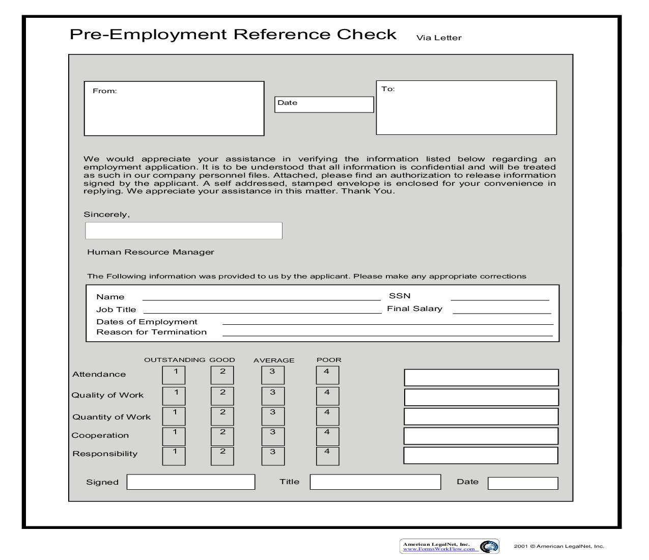 Pre-Employment Reference Check | Pdf Fpdf Doc Docx | Business Forms