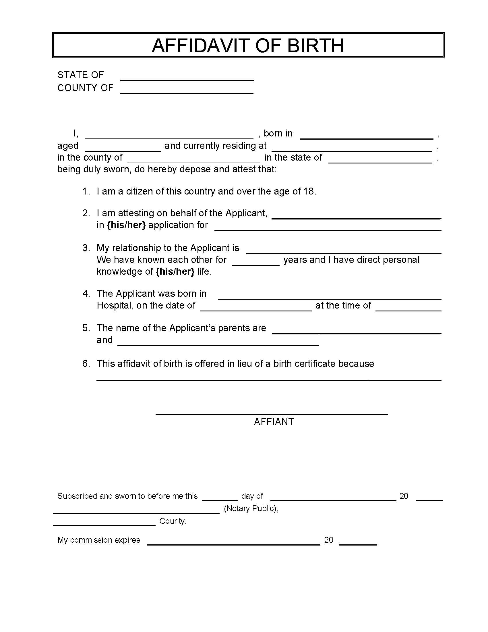 Affidavit Of Birth | Pdf Fpdf Doc Docx | Business Forms