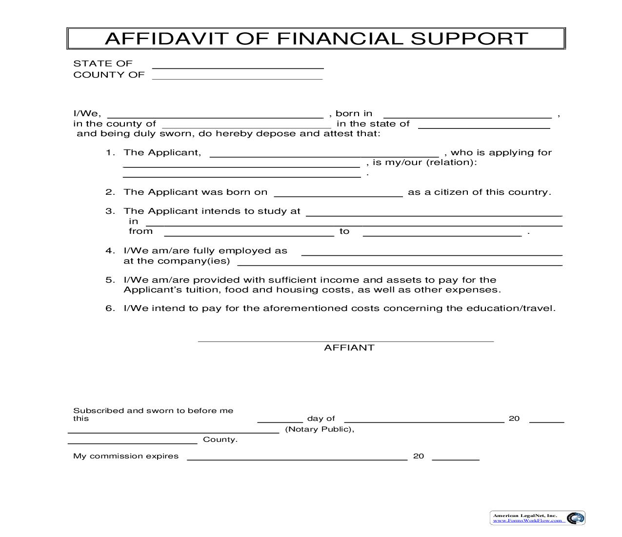 Affidavit Of Financial Support | Pdf Fpdf Doc Docx | Business Forms
