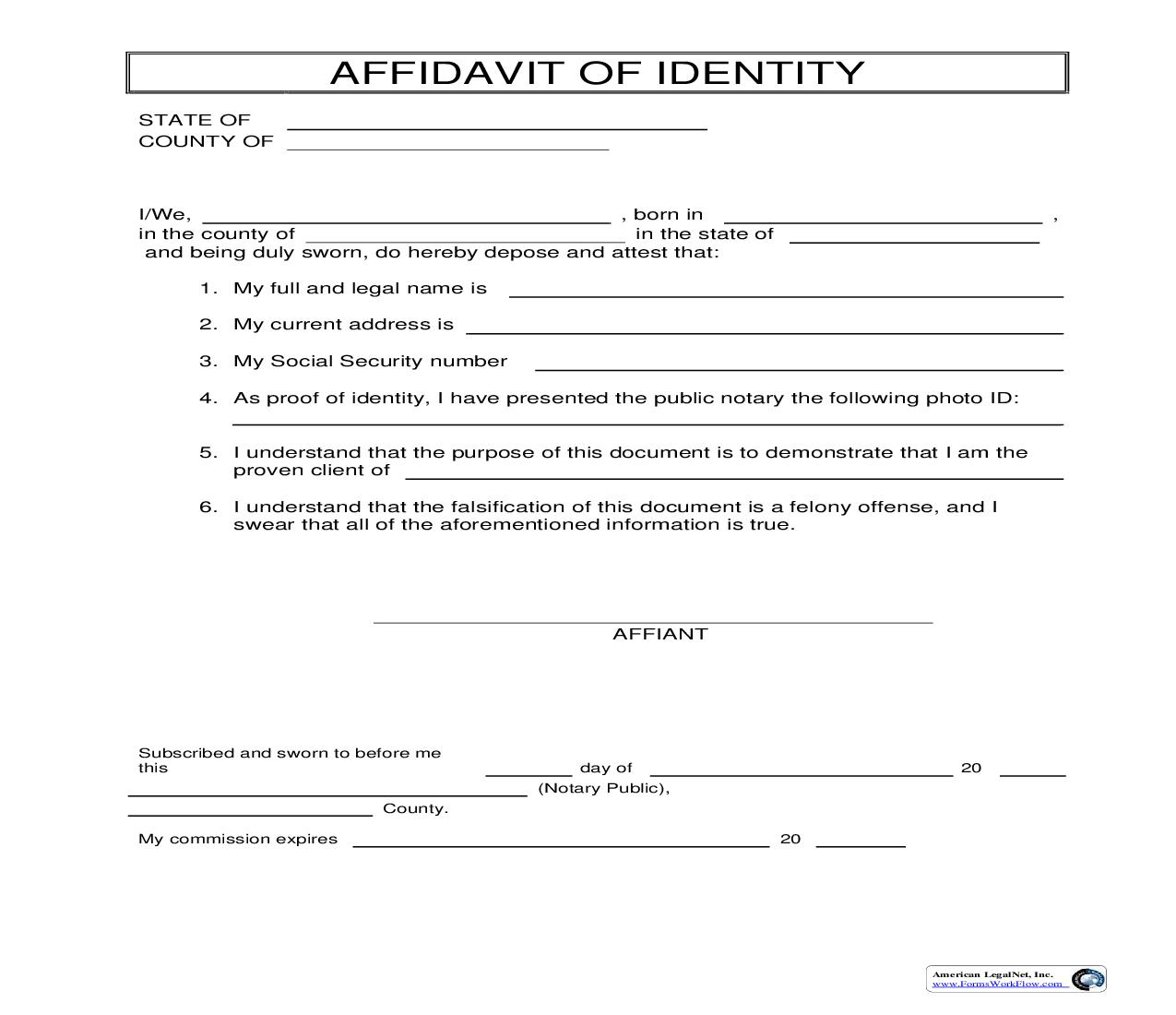 Affidavit Of Identity | Pdf Fpdf Doc Docx | Business Forms
