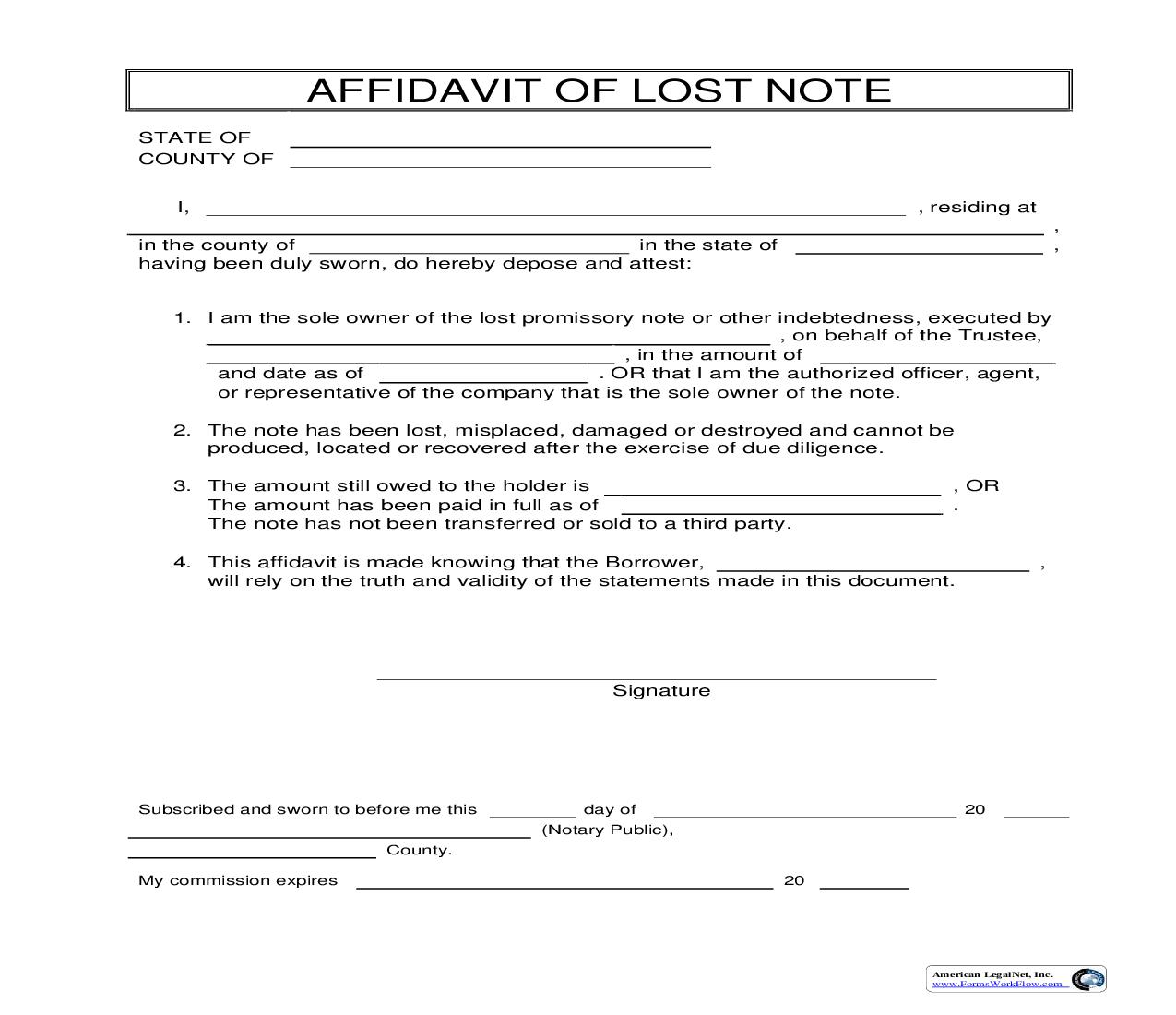 Affidavit Of Lost Note | Pdf Fpdf Doc Docx | Business Forms