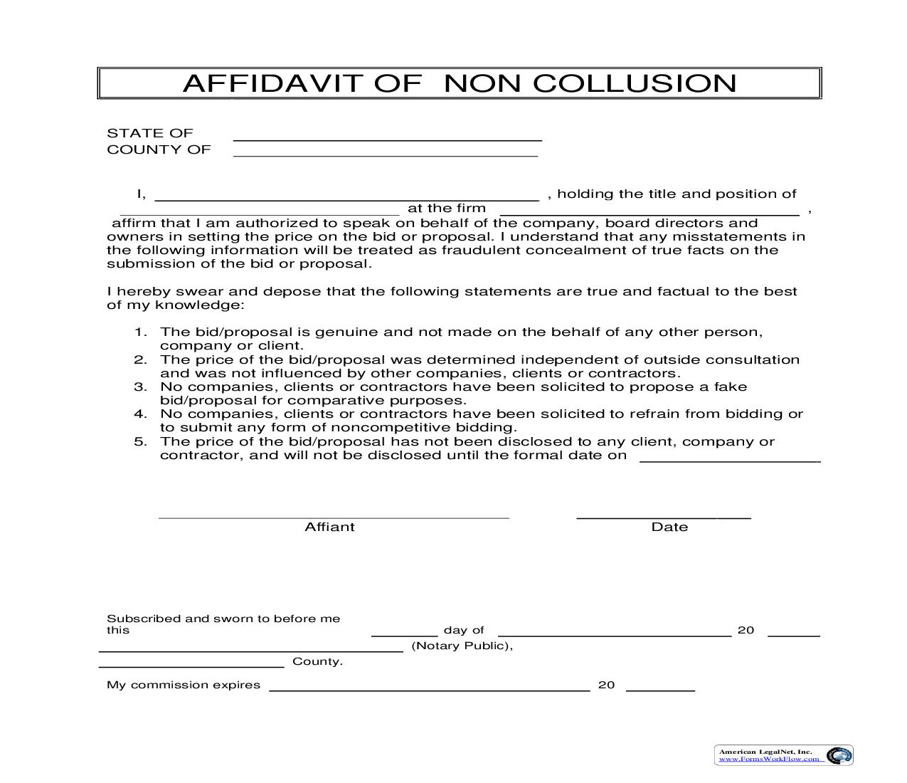 Affidavit Of Non Collusion | Pdf Fpdf Doc Docx | Business Forms