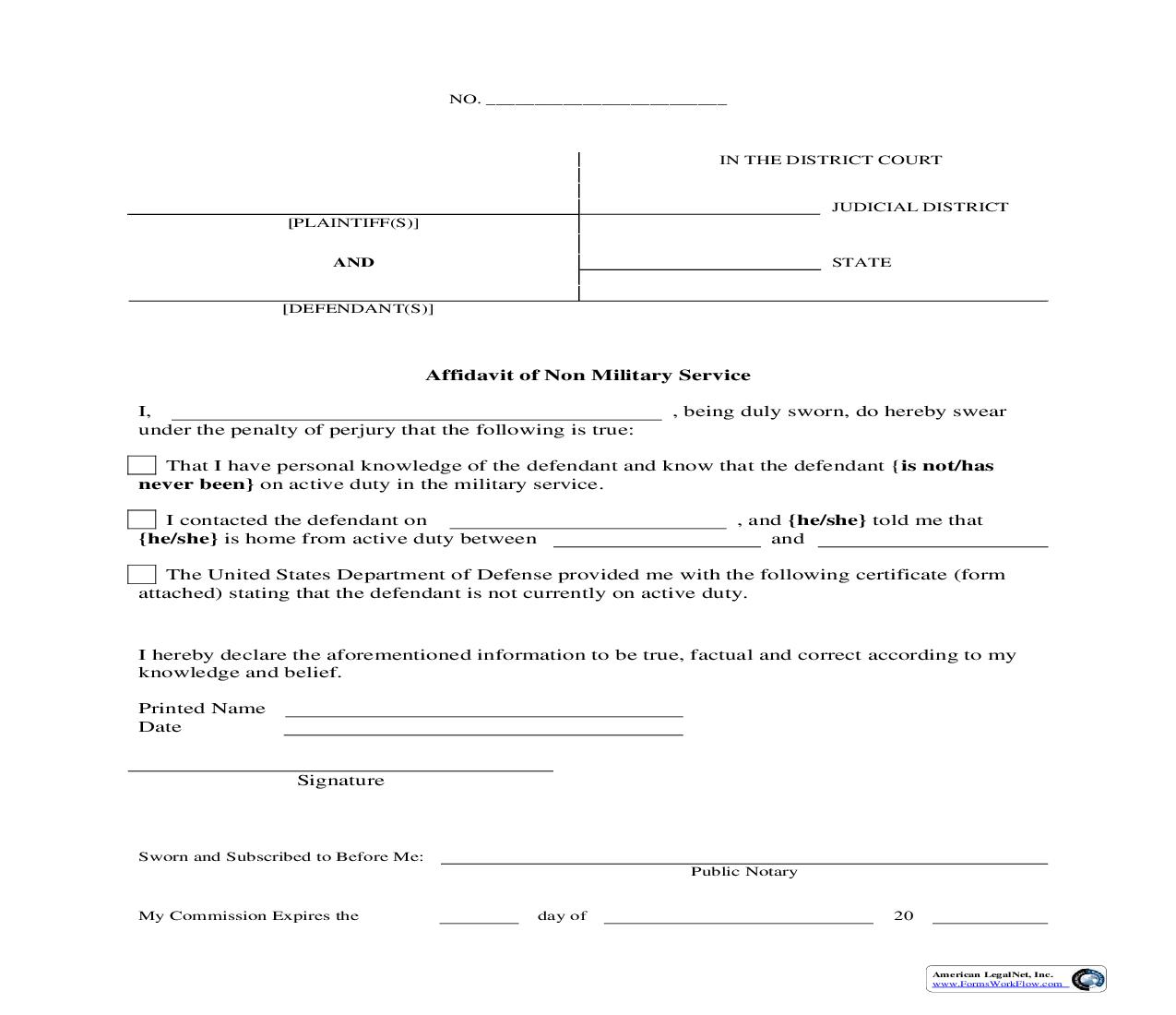 Affidavit Of Non-Military Service | Pdf Fpdf Doc Docx | Business Forms