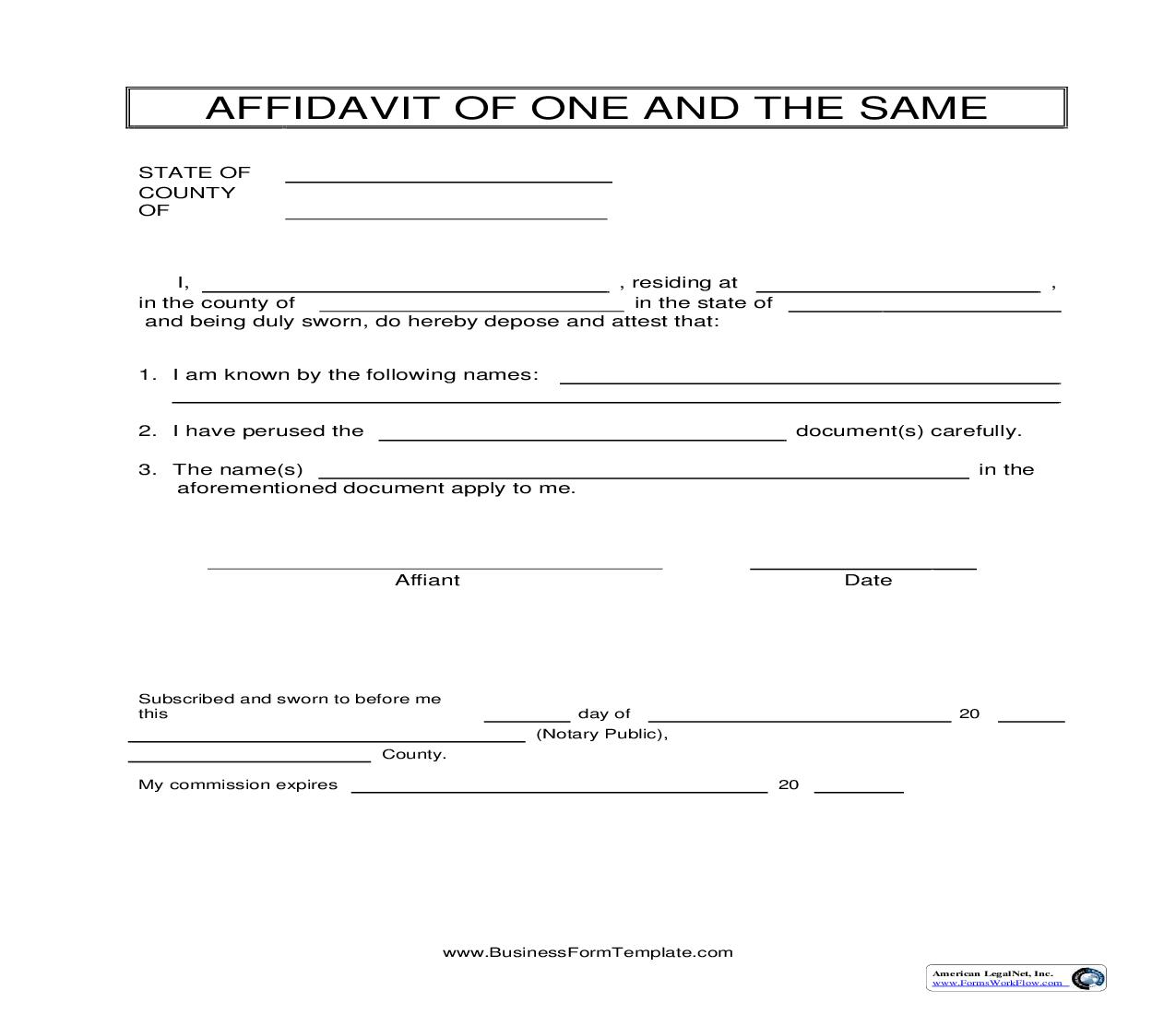 Affidavit Of One And The Same | Pdf Fpdf Doc Docx | Business Forms