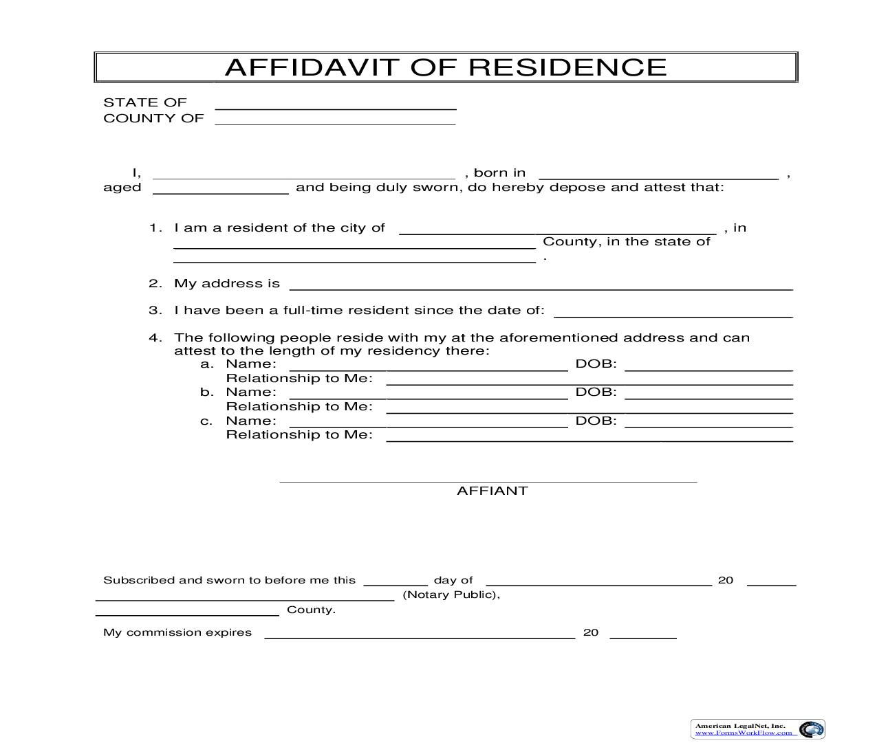 Affidavit Of Residence | Pdf Fpdf Doc Docx | Business Forms