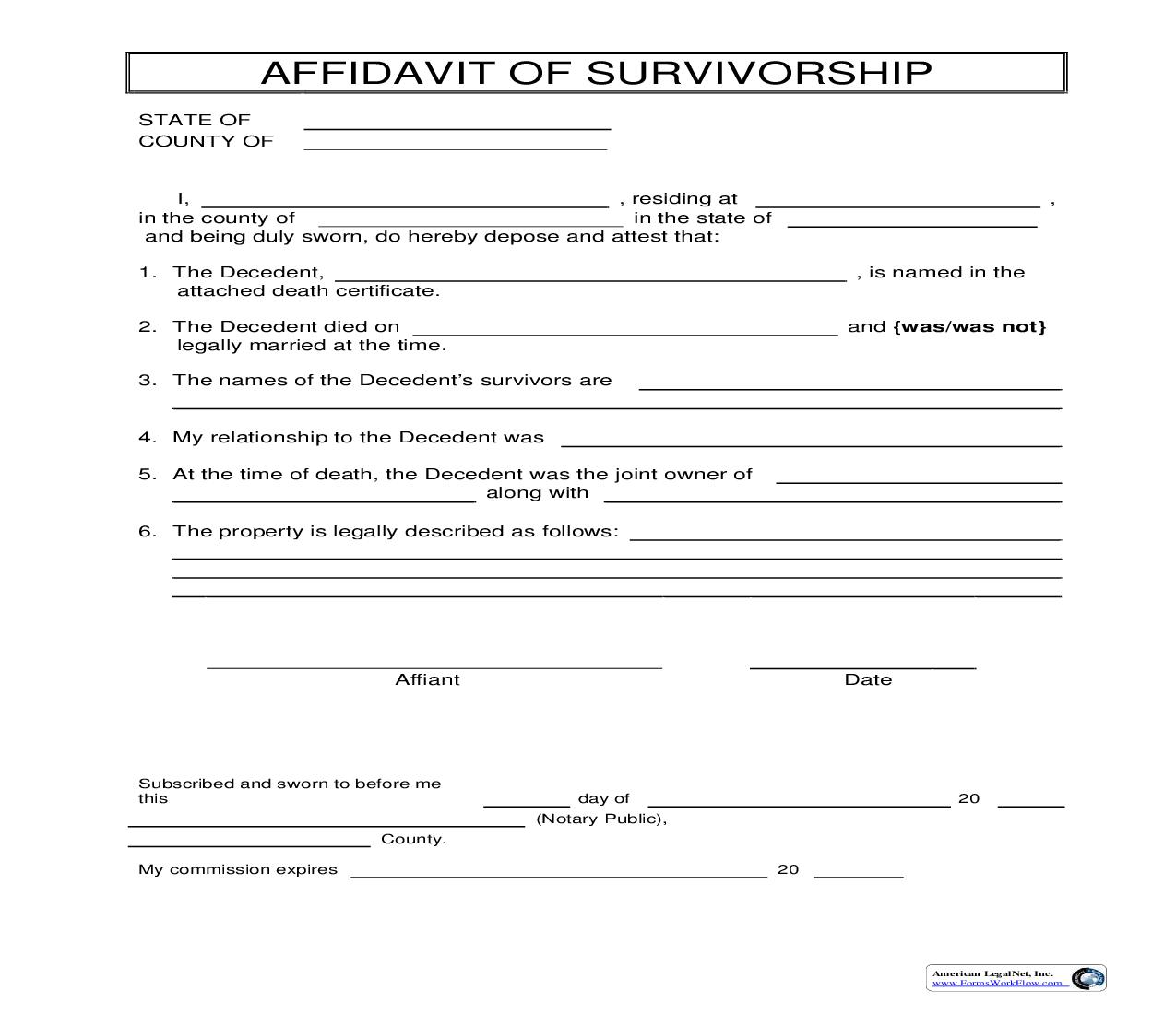Affidavit Of Survivorship | Pdf Fpdf Doc Docx | Business Forms
