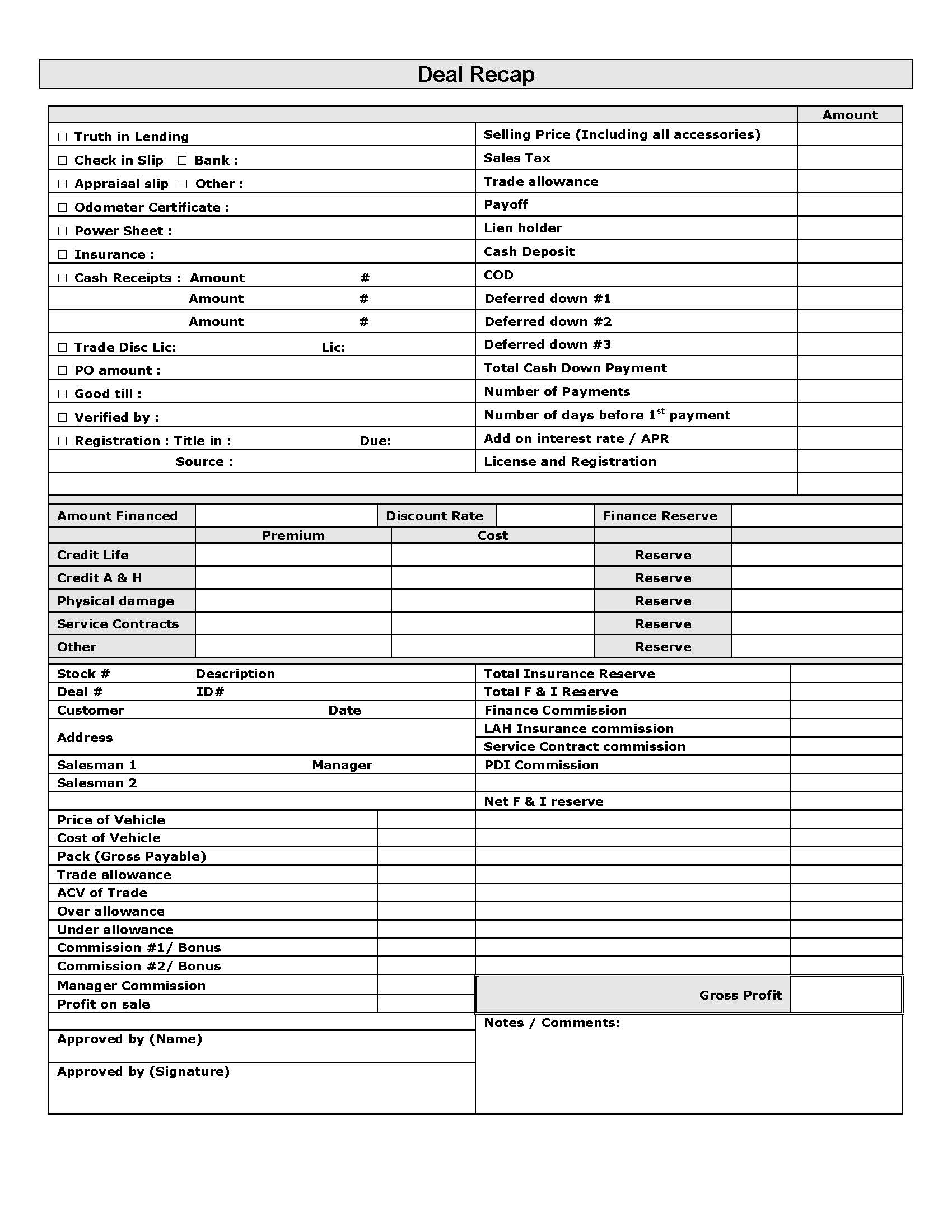 Deal Recap (Vehicle) | Pdf Fpdf Doc Docx | Business Forms