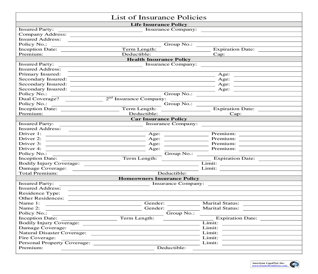 List Of Insurance Policies | Pdf Fpdf Doc Docx | Business Forms