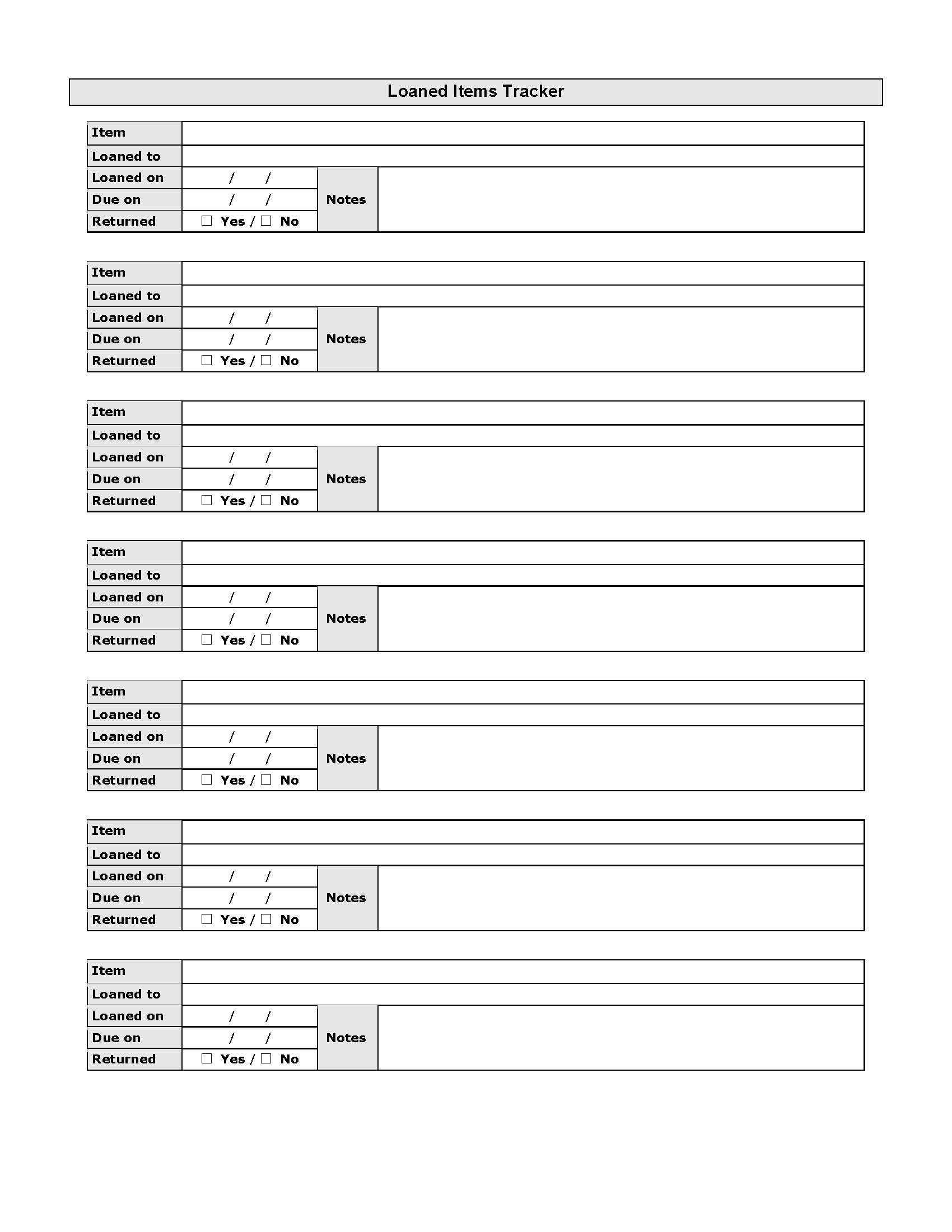 Loaned Items Tracker | Pdf Fpdf Doc Docx | Business Forms