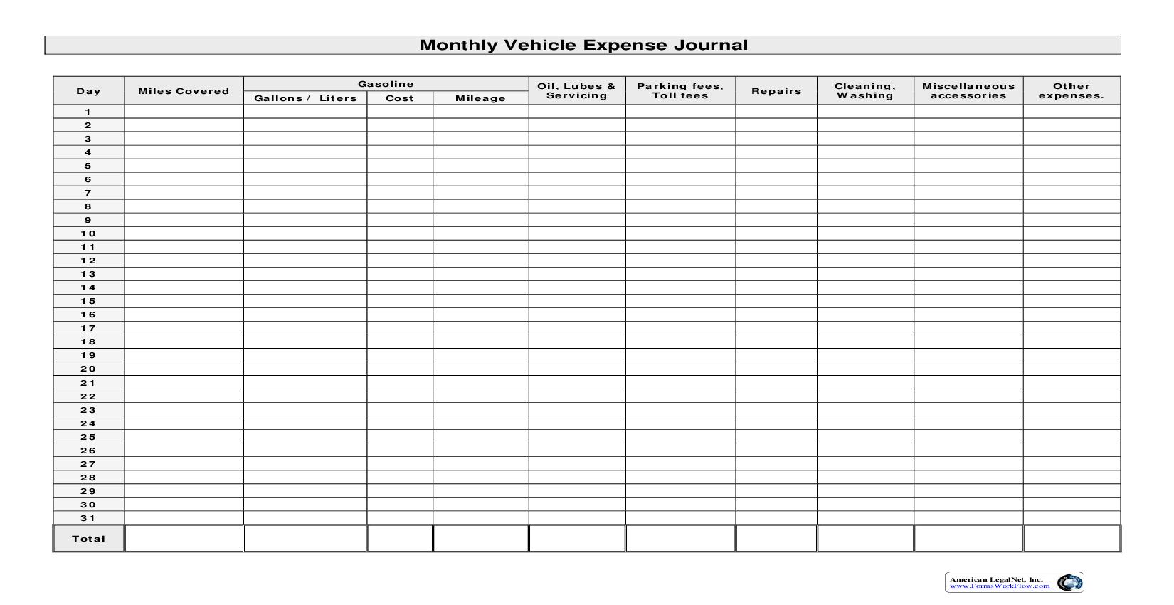 Monthly Vehicle Expense Journal | Pdf Fpdf Doc Docx | Business Forms