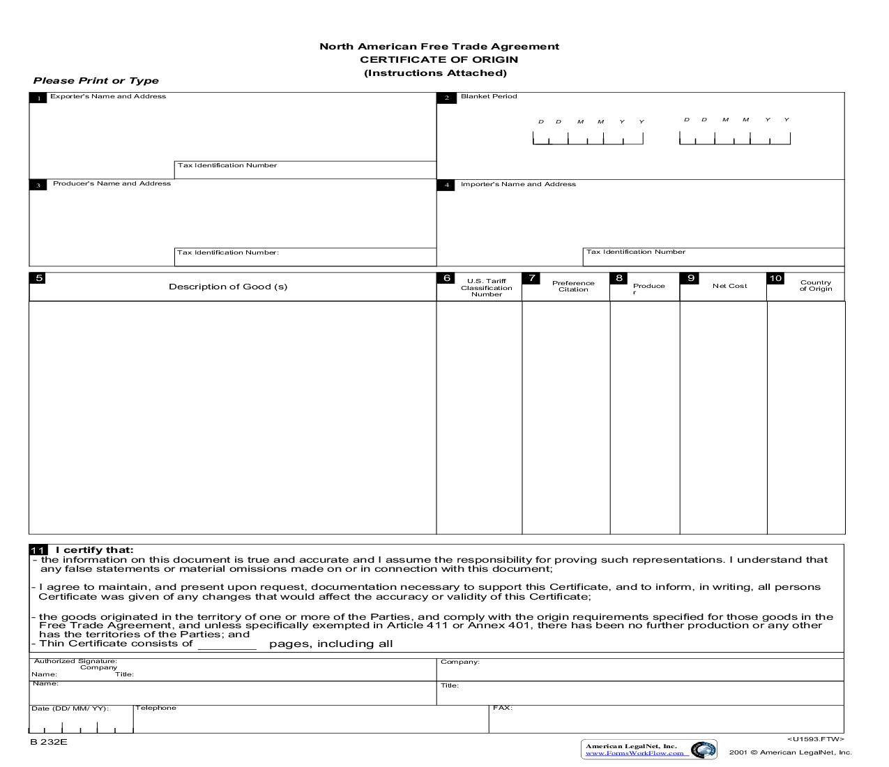 North American Free Trade Agreement CERTIFICATE OF ORIGIN | Pdf Fpdf Doc Docx | Business Forms