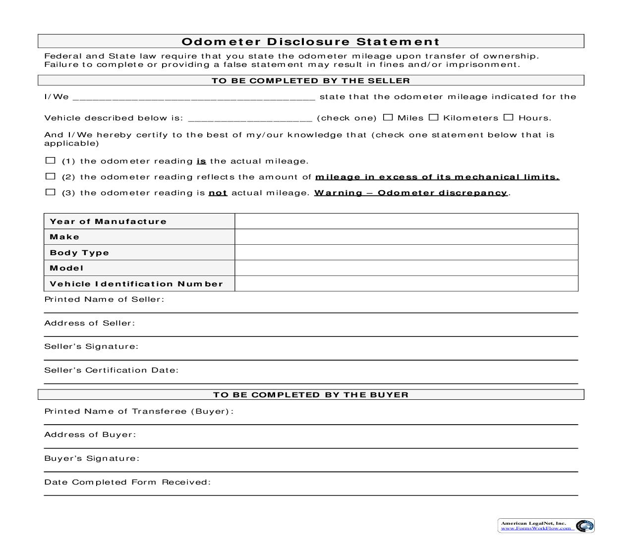 Odometer Statement | Pdf Fpdf Doc Docx | Business Forms