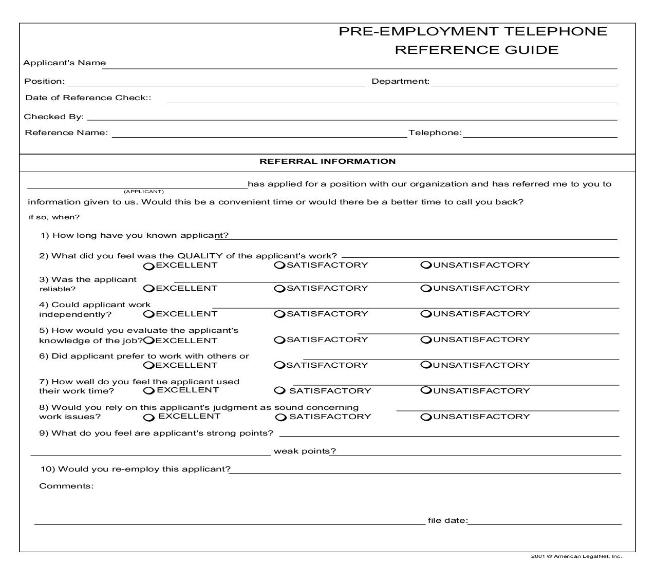 Pre-Employment Telephone Reference Guide | Pdf Fpdf Docx | Business Forms