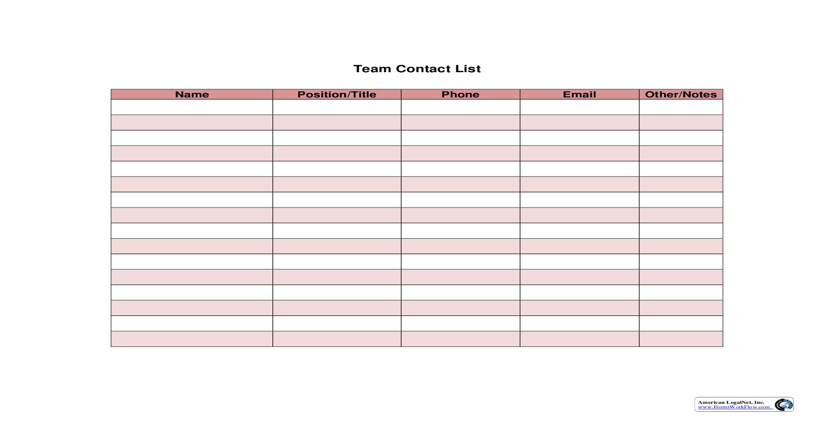 Team Contact List | Pdf Fpdf Doc Docx | Business Forms