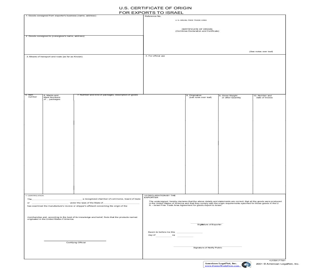 U.S. Certificate Of Origin For Exports To Israel | Pdf Fpdf Doc Docx | Business Forms