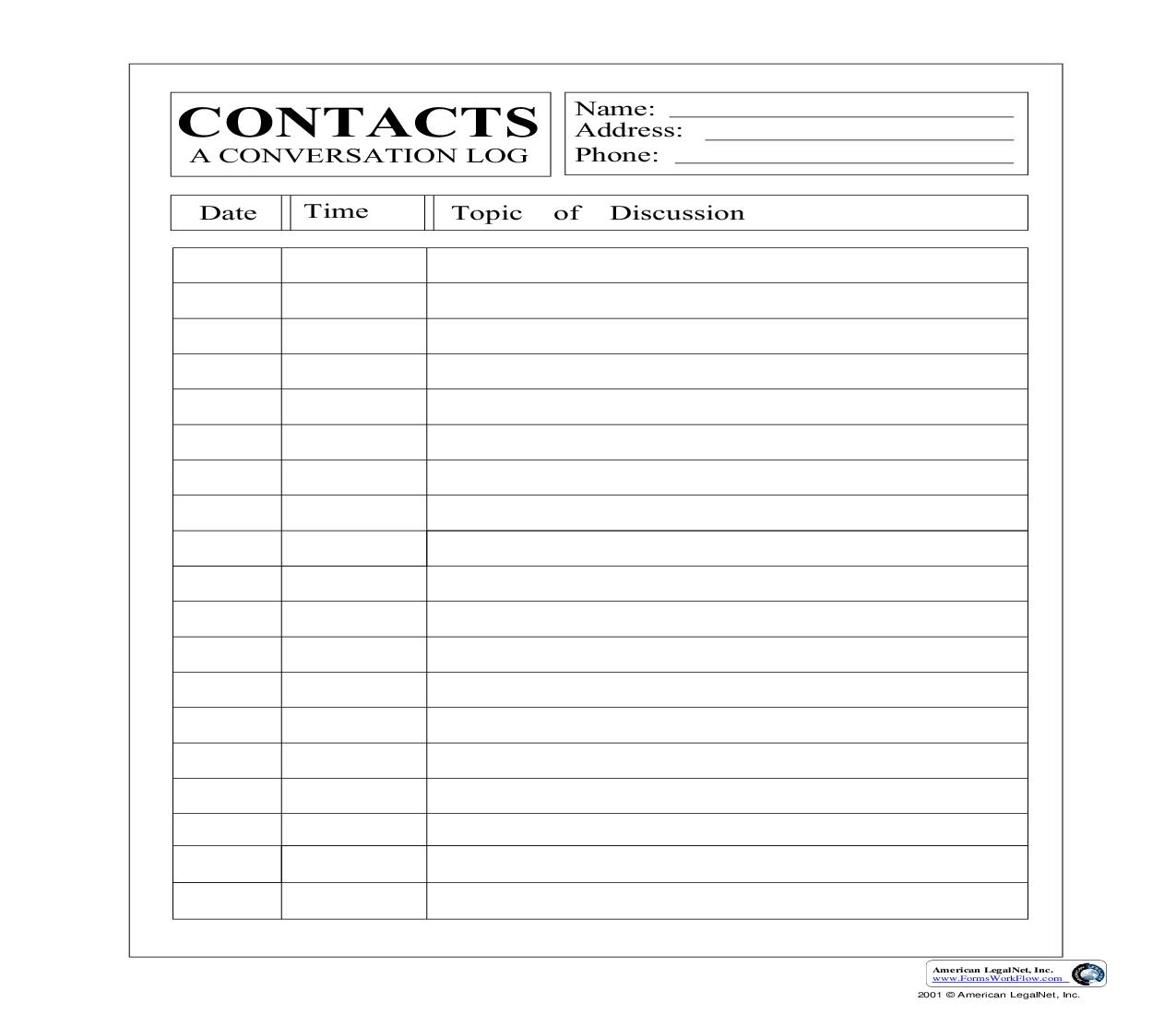 Contacts A Conversation Log | Pdf Fpdf Doc Docx | Business Forms