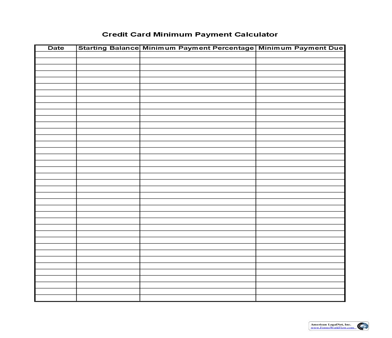 Credit Card Minimum Payment Calculator | Pdf Fpdf Doc Docx | Business Forms