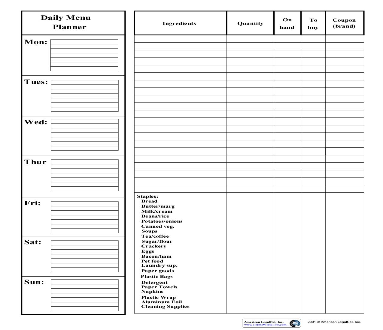 Daily Menu Planner | Pdf Fpdf Doc Docx | Business Forms
