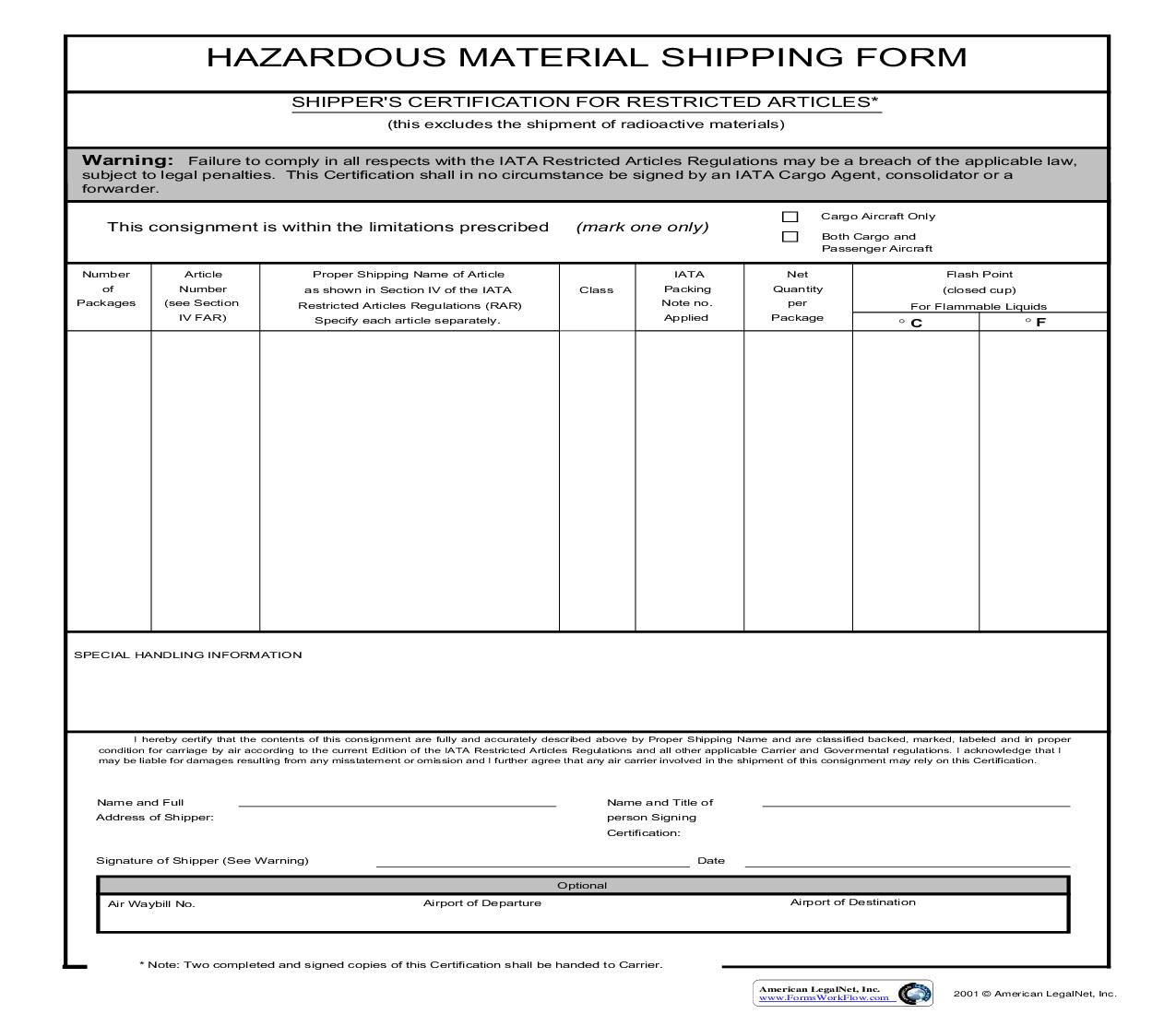 Hazardous Material Shipping Form | Pdf Fpdf Doc Docx | Business Forms