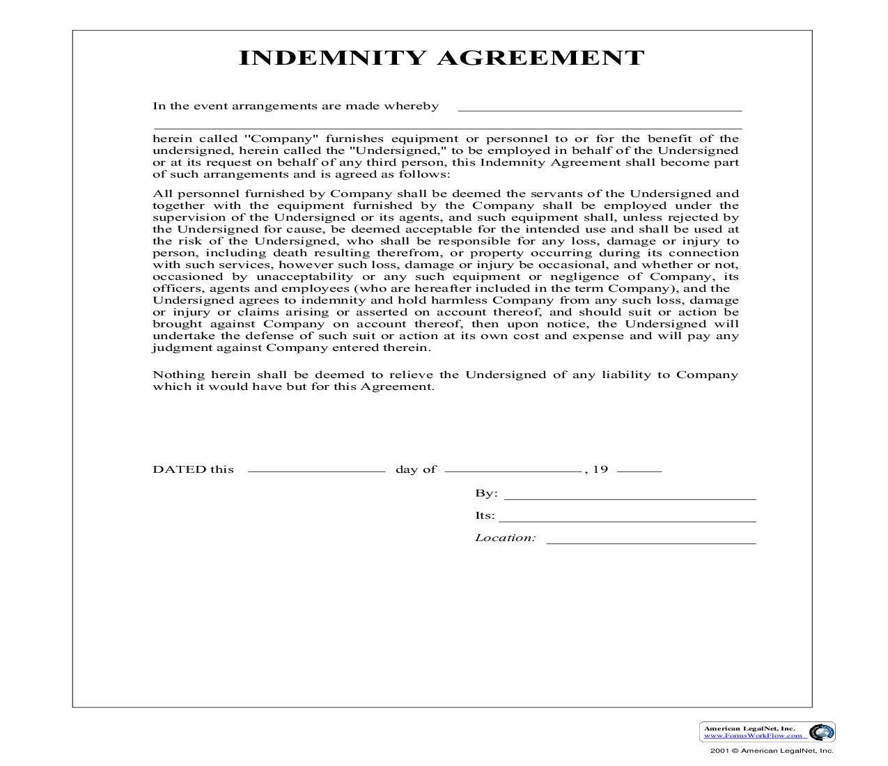 Indemnity Agreement | Pdf Fpdf Doc Docx | Business Forms