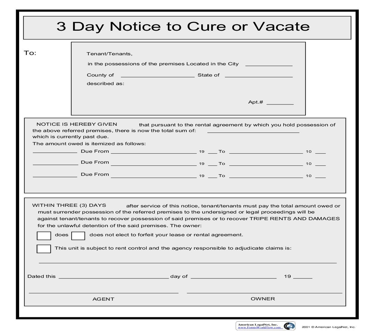 3-Day Notice To Cure Or Vacate | Pdf Fpdf Doc Docx | Business Forms