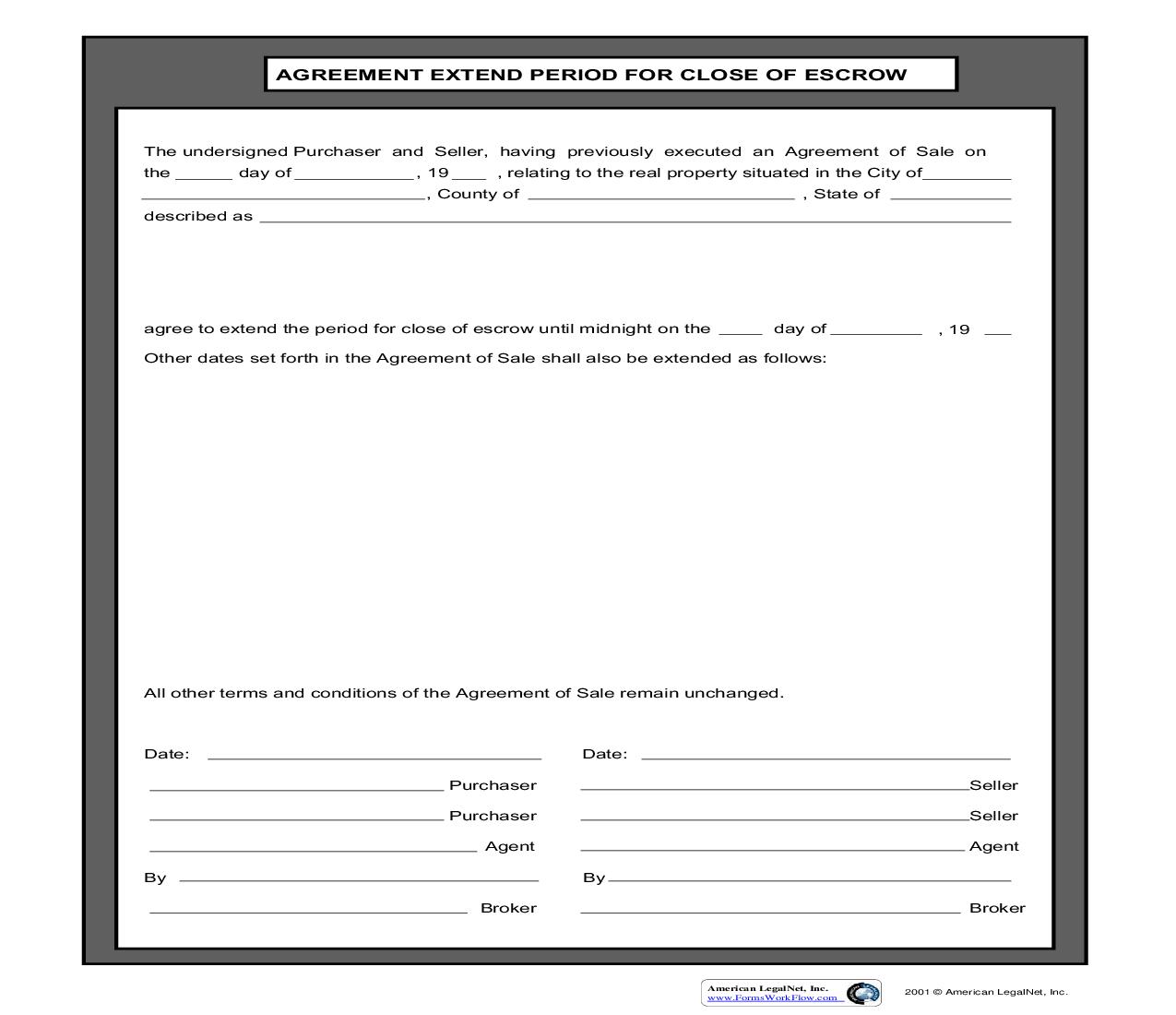 Agreement Extend Period For Close Of Escrow | Pdf Fpdf Doc Docx | Business Forms