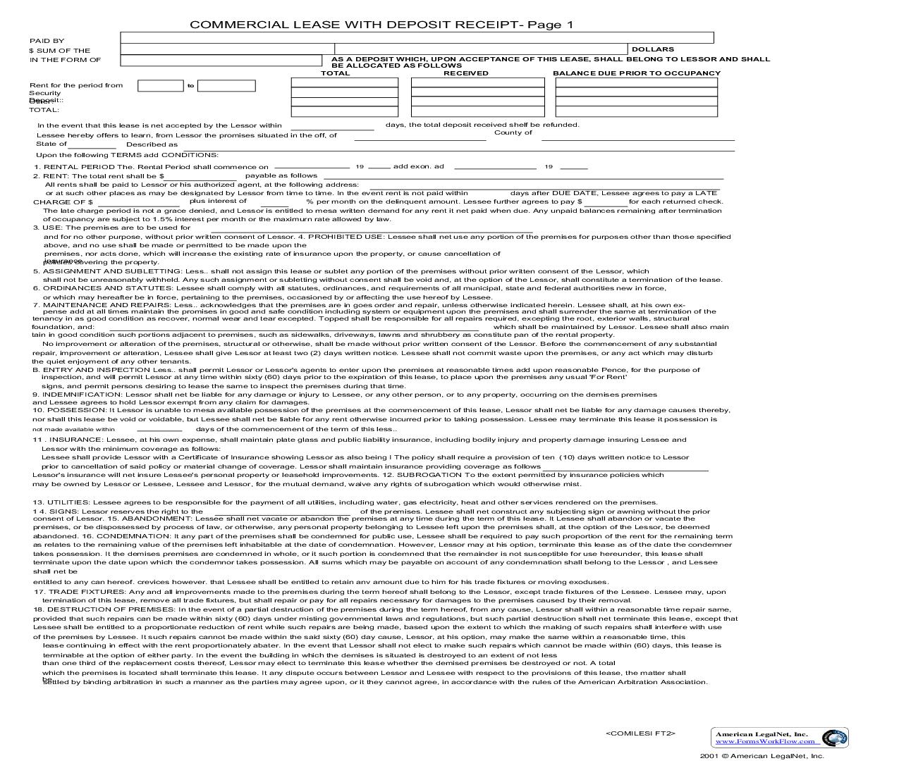 Commercial Lease With Deposit Receipt | Pdf Fpdf Doc Docx | Business Forms