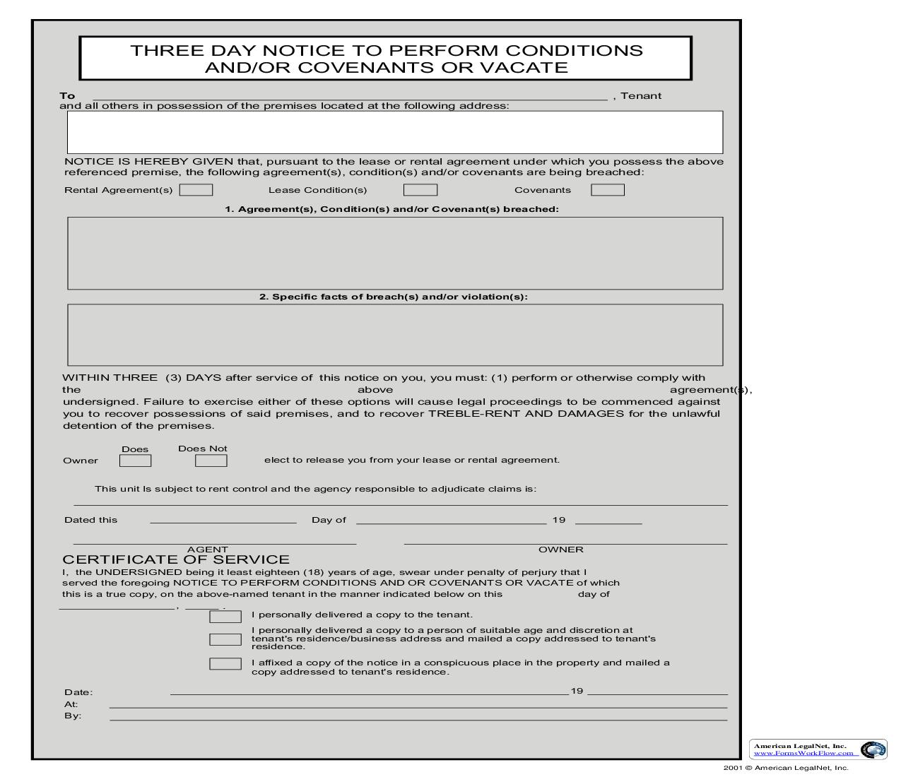 Three Day Notice To Perform Conditions And-Or Covenants Or Vacate | Pdf Fpdf Doc Docx | Business Forms