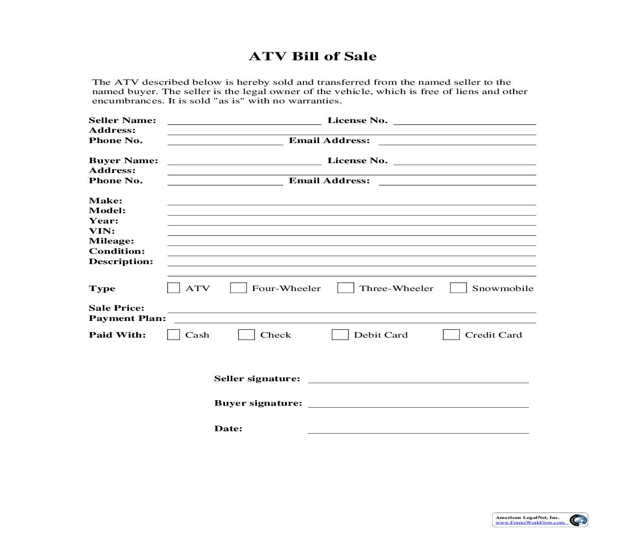 ATV Bill Of Sale | Pdf Fpdf Doc Docx | Business Forms