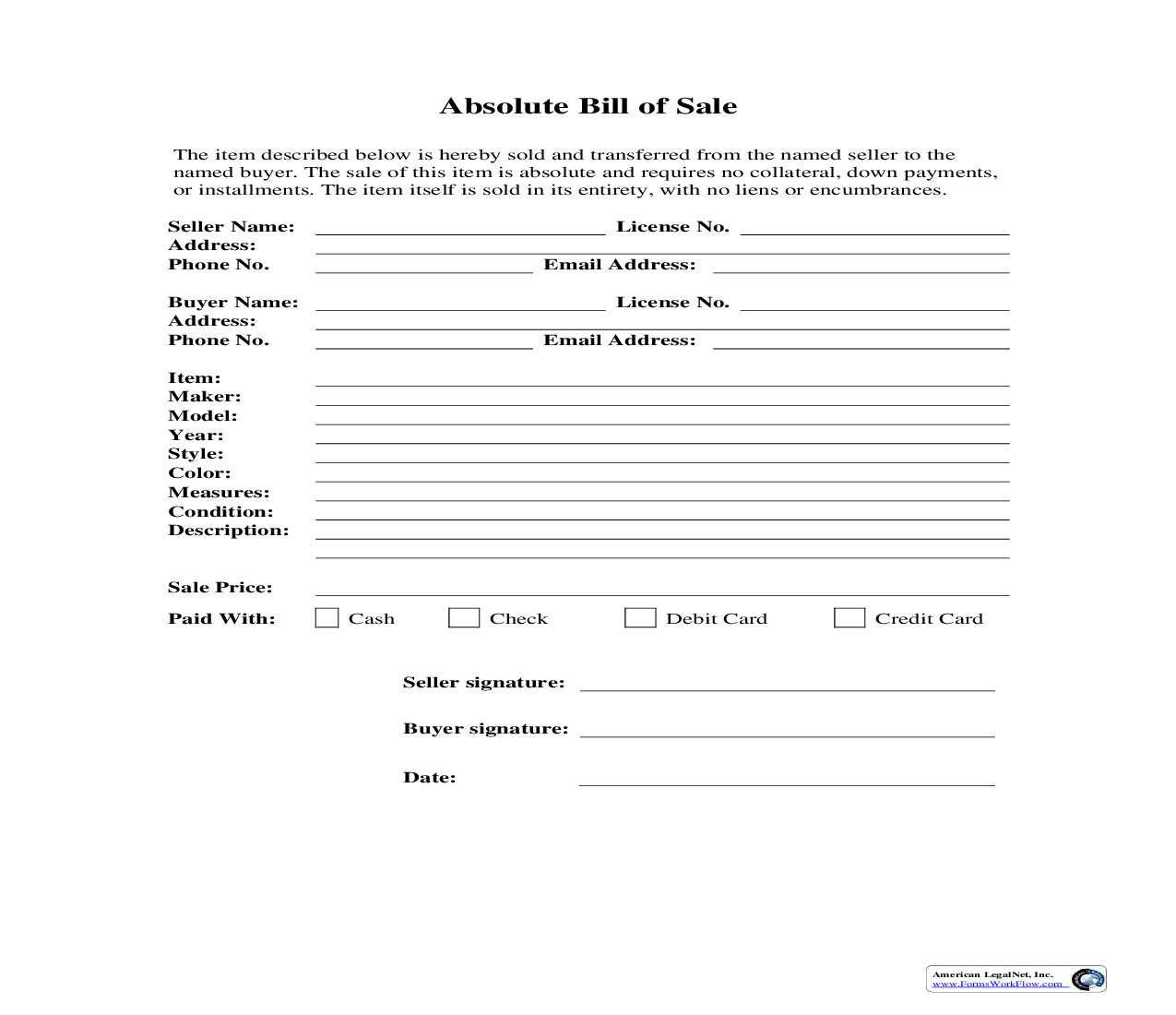 Absolute Bill Of Sale | Pdf Fpdf Doc Docx | Business Forms
